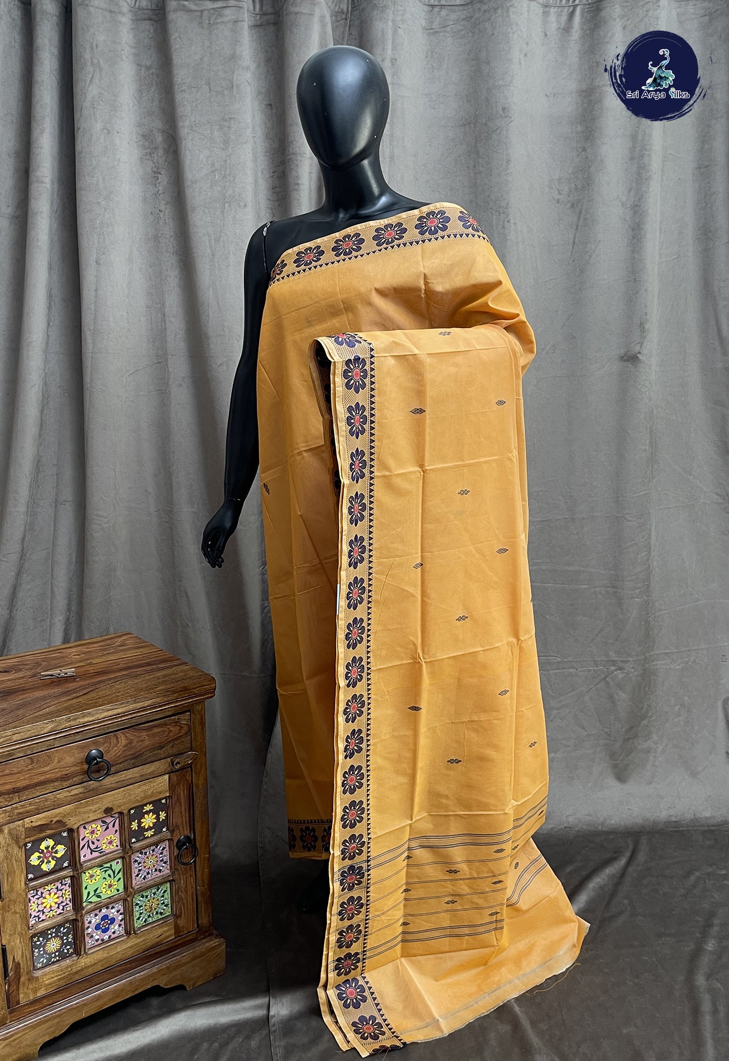 Peach Chettinad Cotton Saree With Buttas Pattern