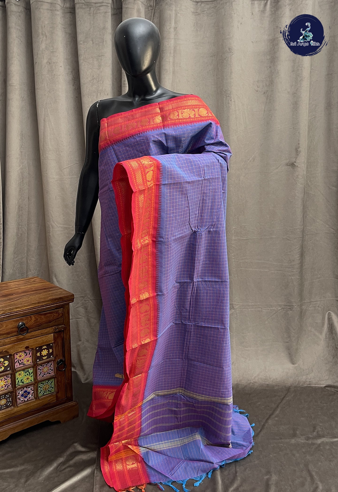 Dual Tone Blue Kanchi Cotton Saree With Checked Pattern