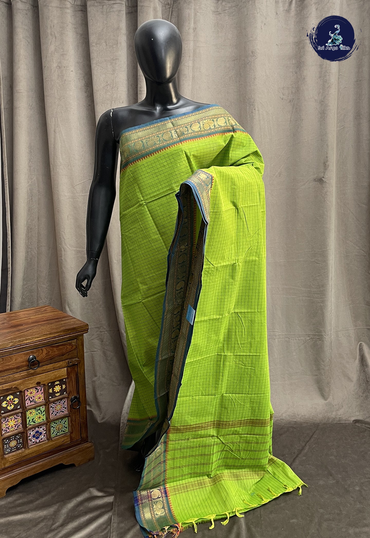 Lime Green Kanchi Cotton Saree With Checked Pattern