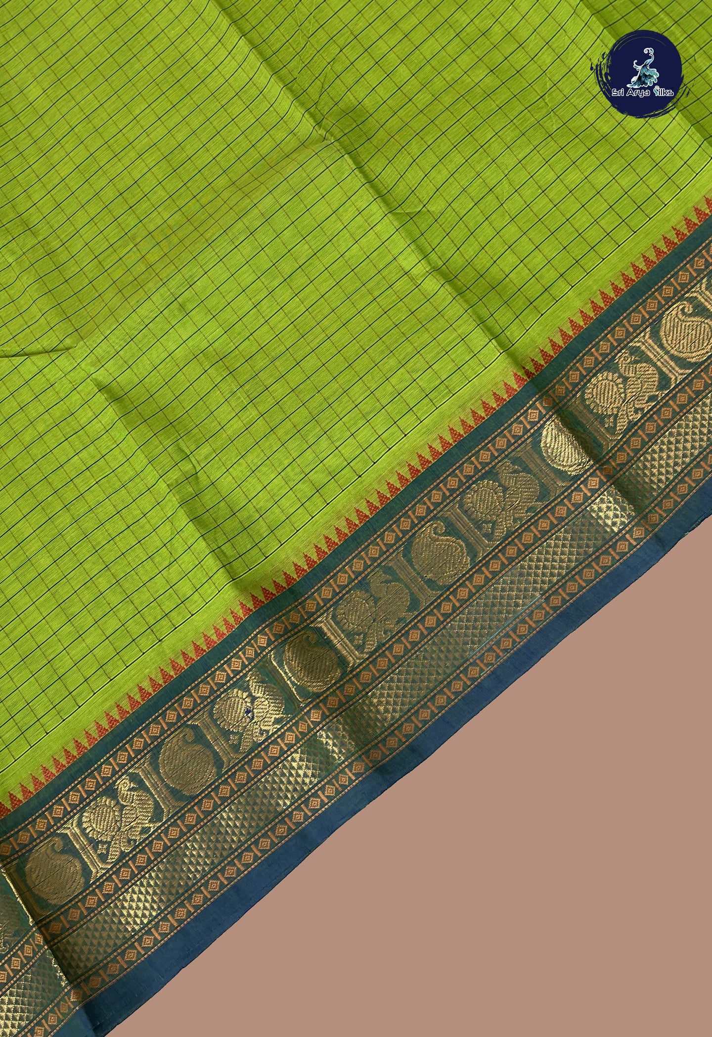 Lime Green Kanchi Cotton Saree With Checked Pattern