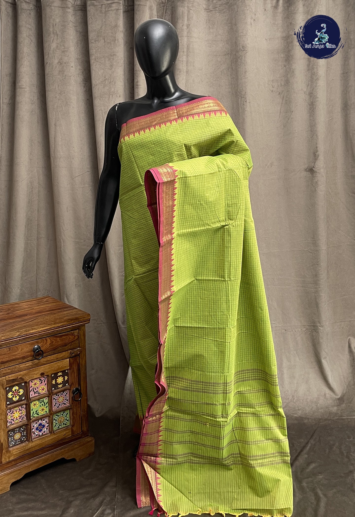 Light Green Kanchi Cotton Saree With Checked Pattern