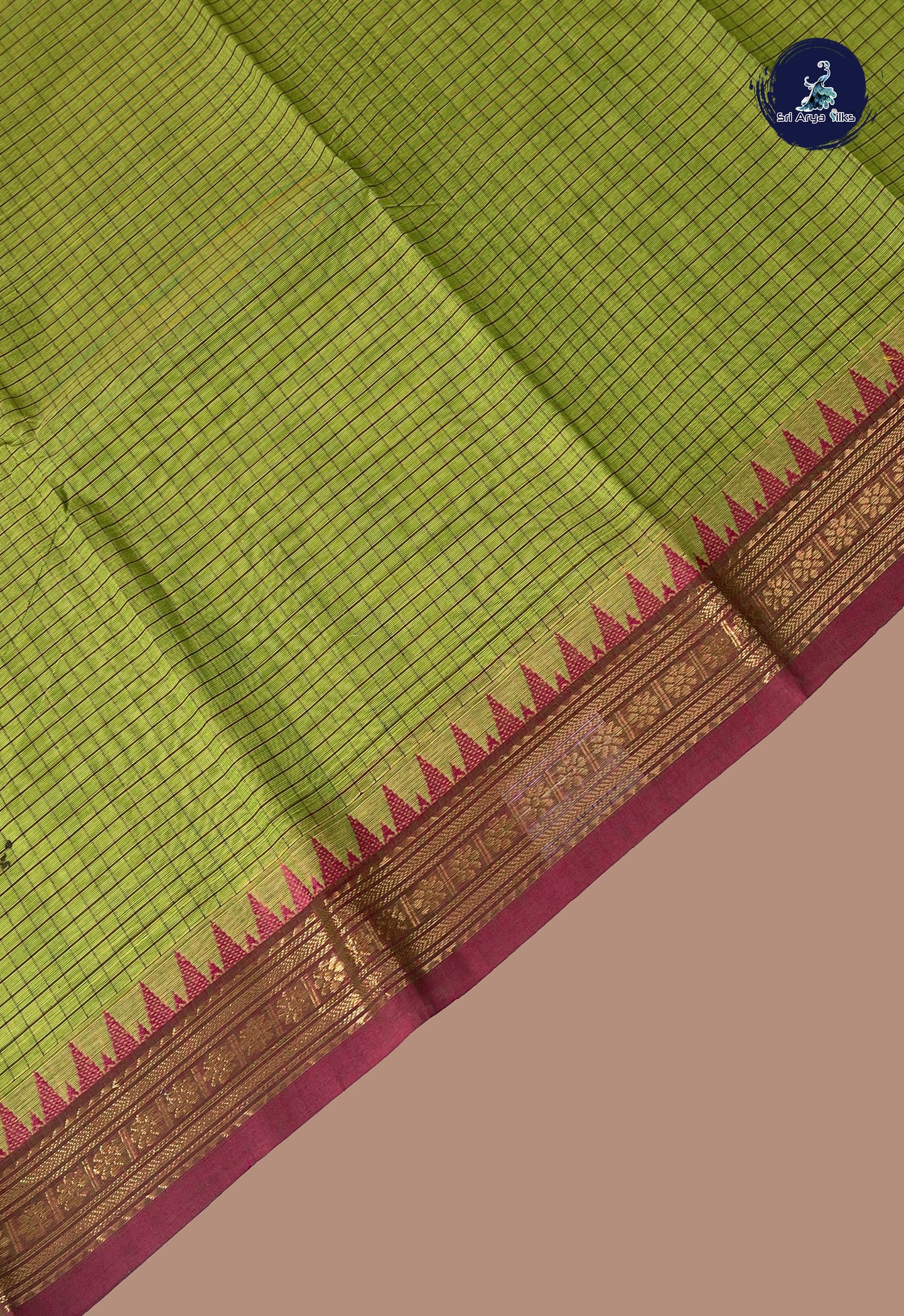 Light Green Kanchi Cotton Saree With Checked Pattern