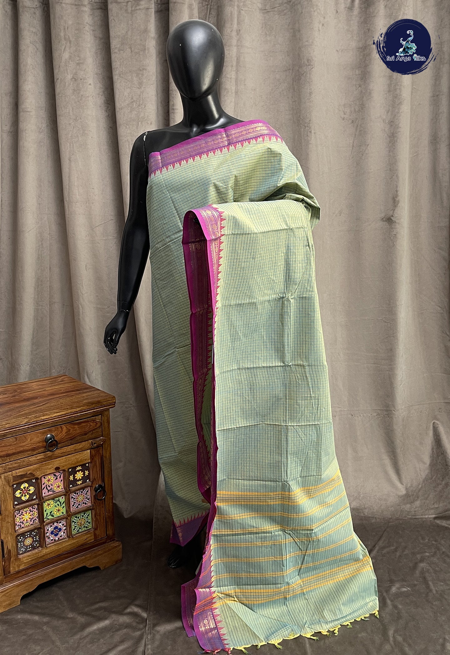 Bluish Green Kanchi Cotton Saree With Checked Pattern