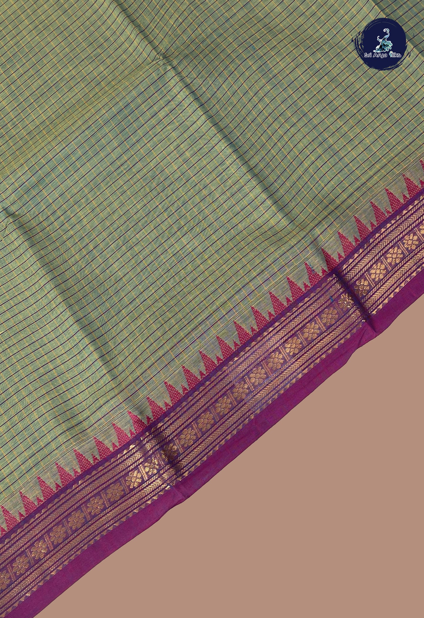Bluish Green Kanchi Cotton Saree With Checked Pattern