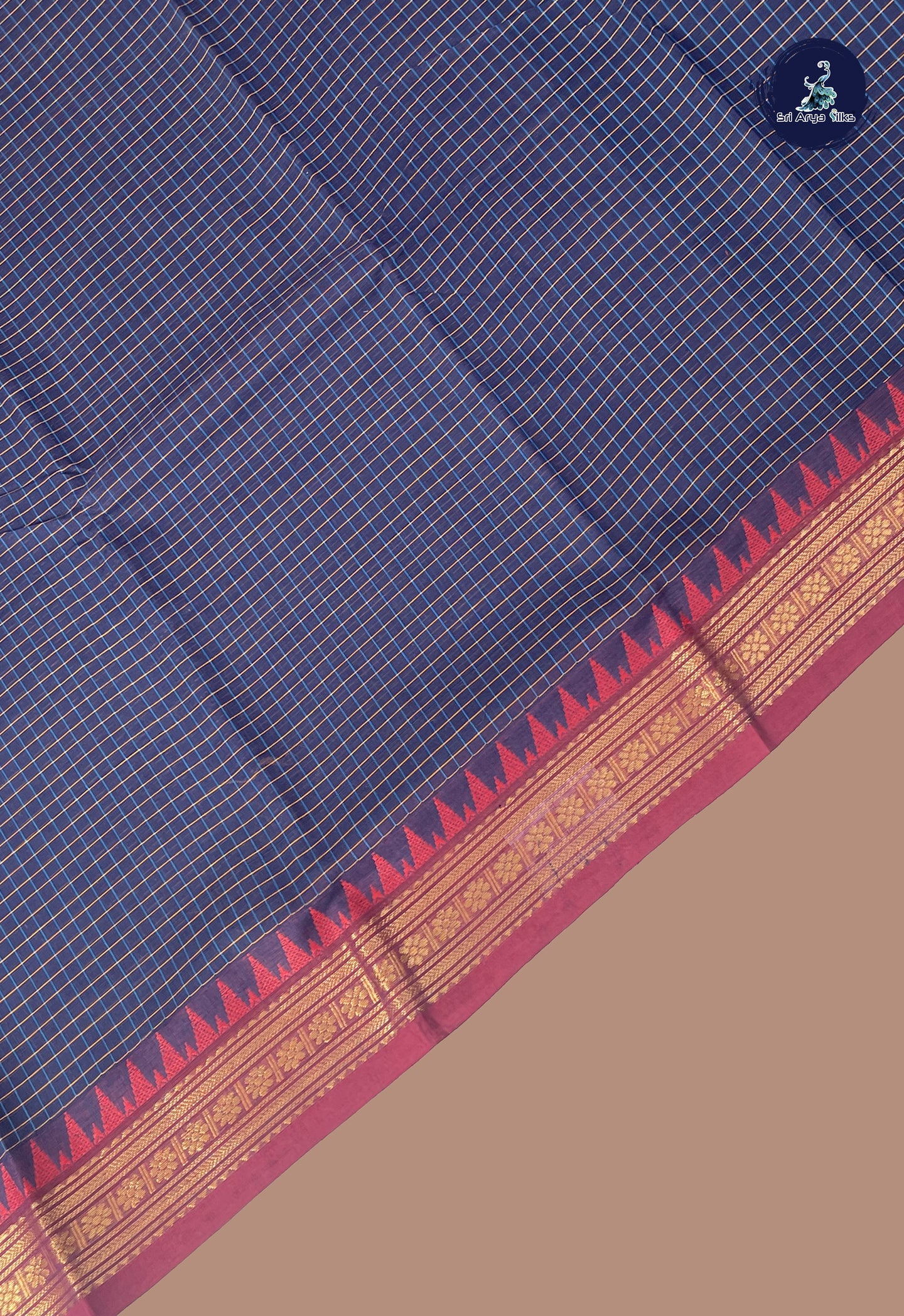 Navy Blue Kanchi Cotton Saree With Checked Pattern