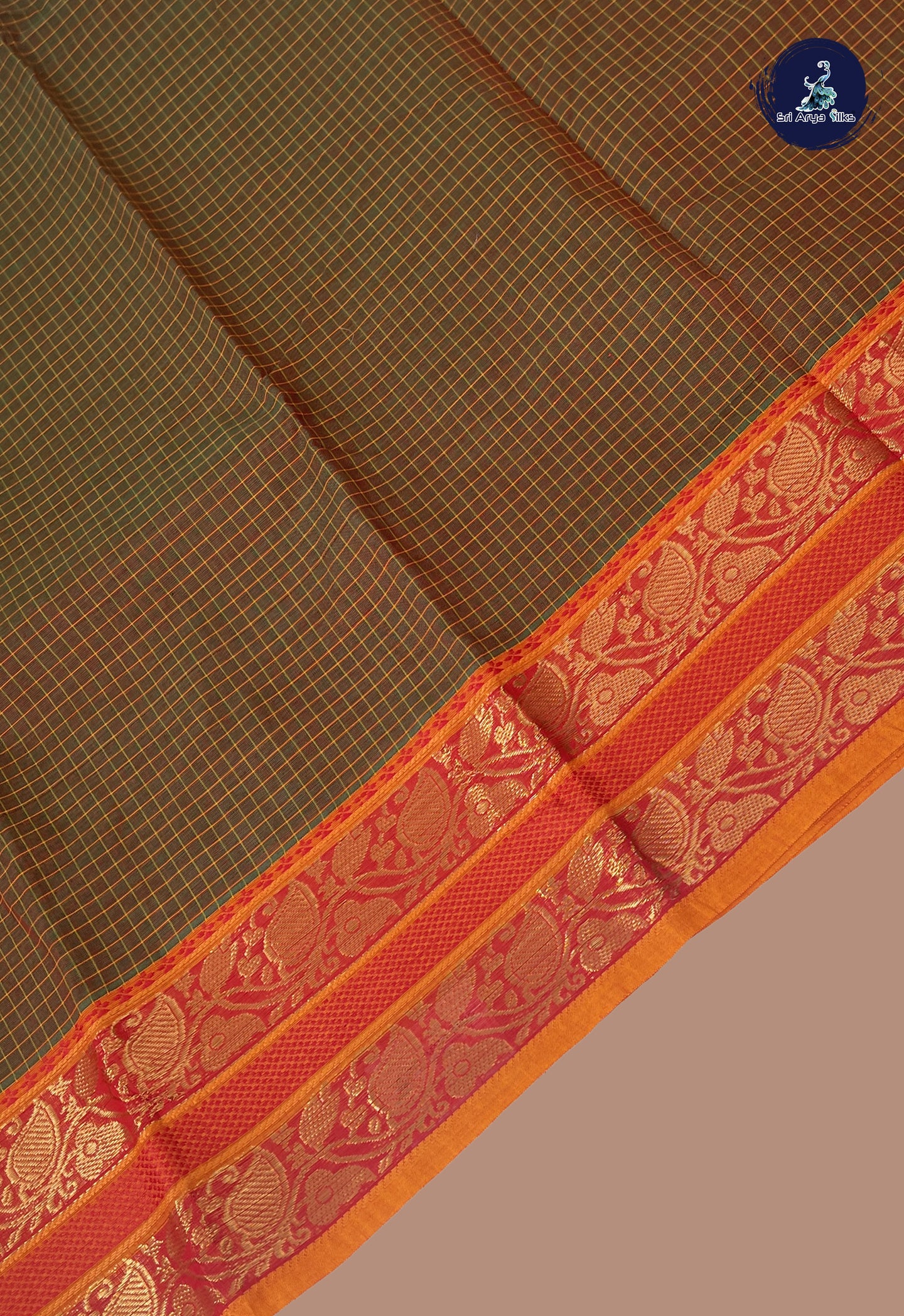 Dual Tone Brown Kanchi Cotton Saree With Checked Pattern