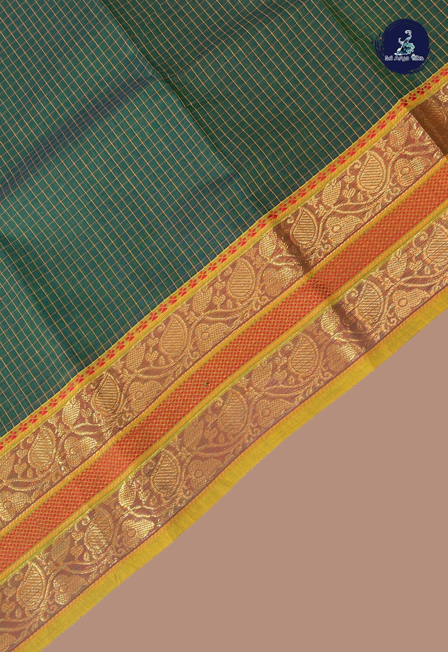 Bottle Green Kanchi Cotton Saree With Checked Pattern