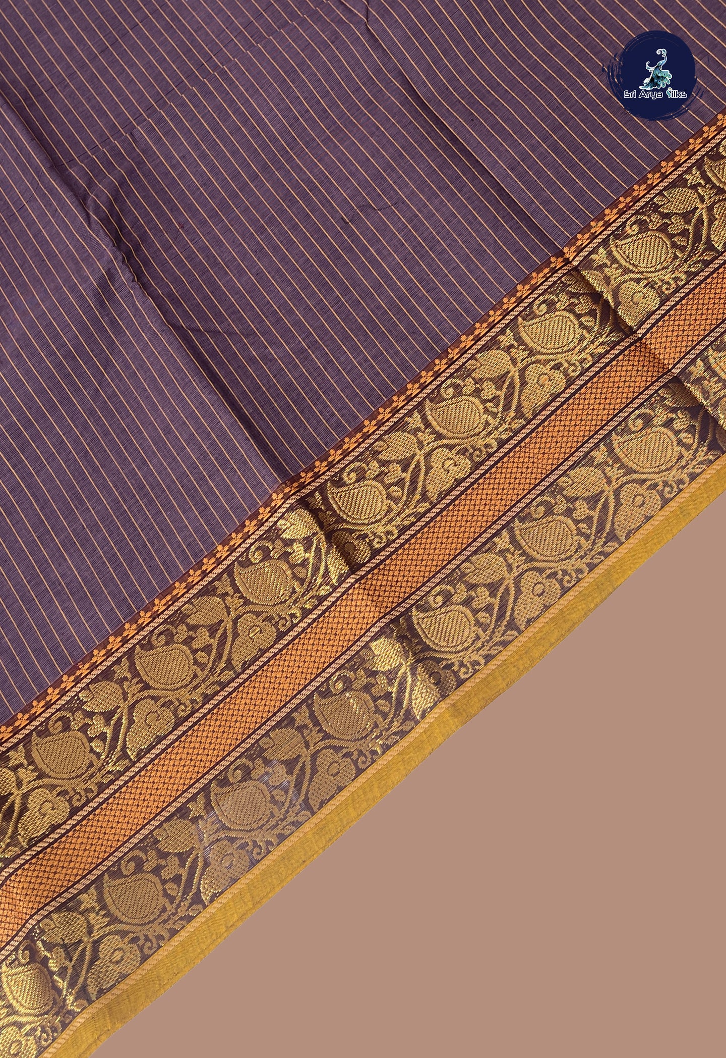 Greyish Lavender Kanchi Cotton Saree With Stripes Pattern