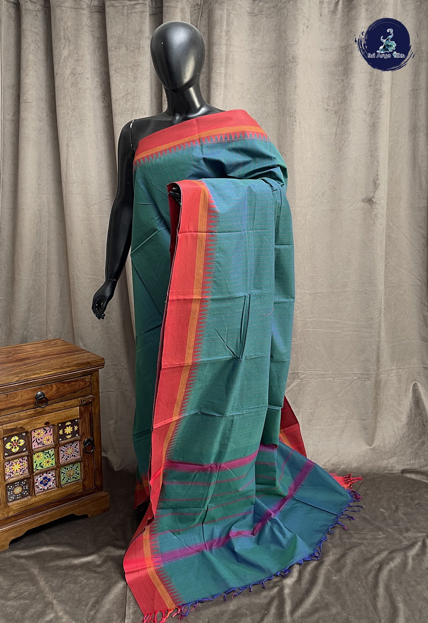 Peacock Green Kanchi Cotton Saree With Stripes Pattern