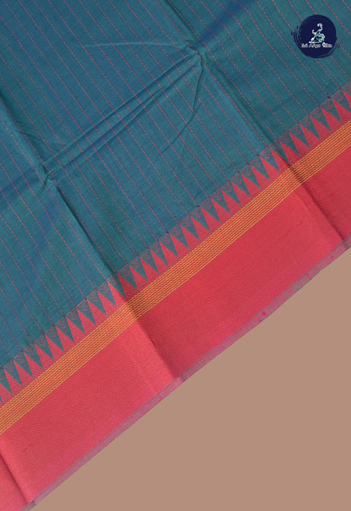 Peacock Green Kanchi Cotton Saree With Stripes Pattern