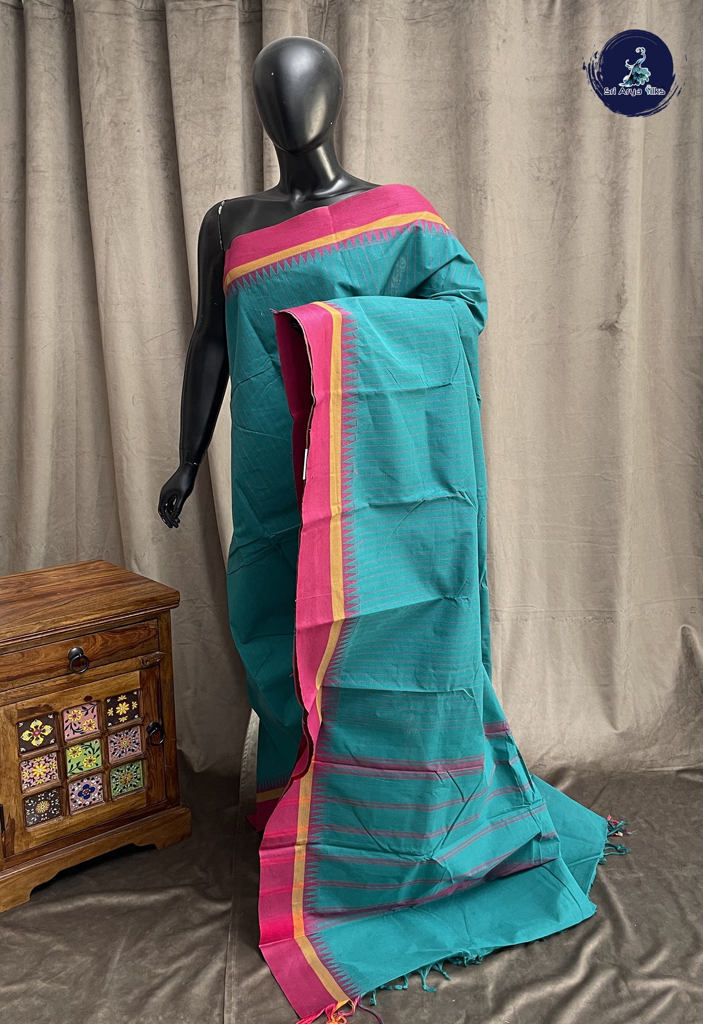 Teal Kanchi Cotton Saree With Stripes Pattern