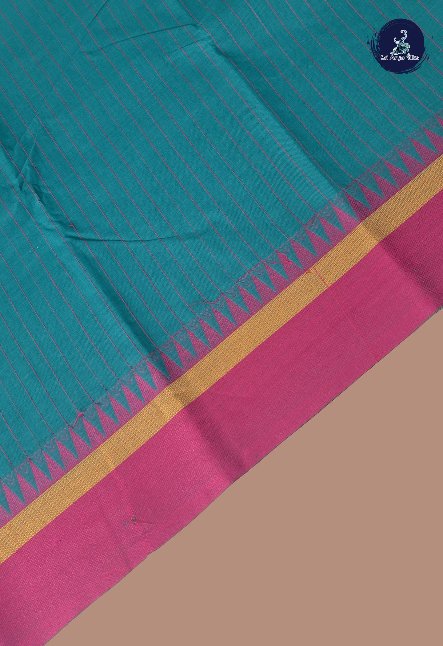 Teal Kanchi Cotton Saree With Stripes Pattern