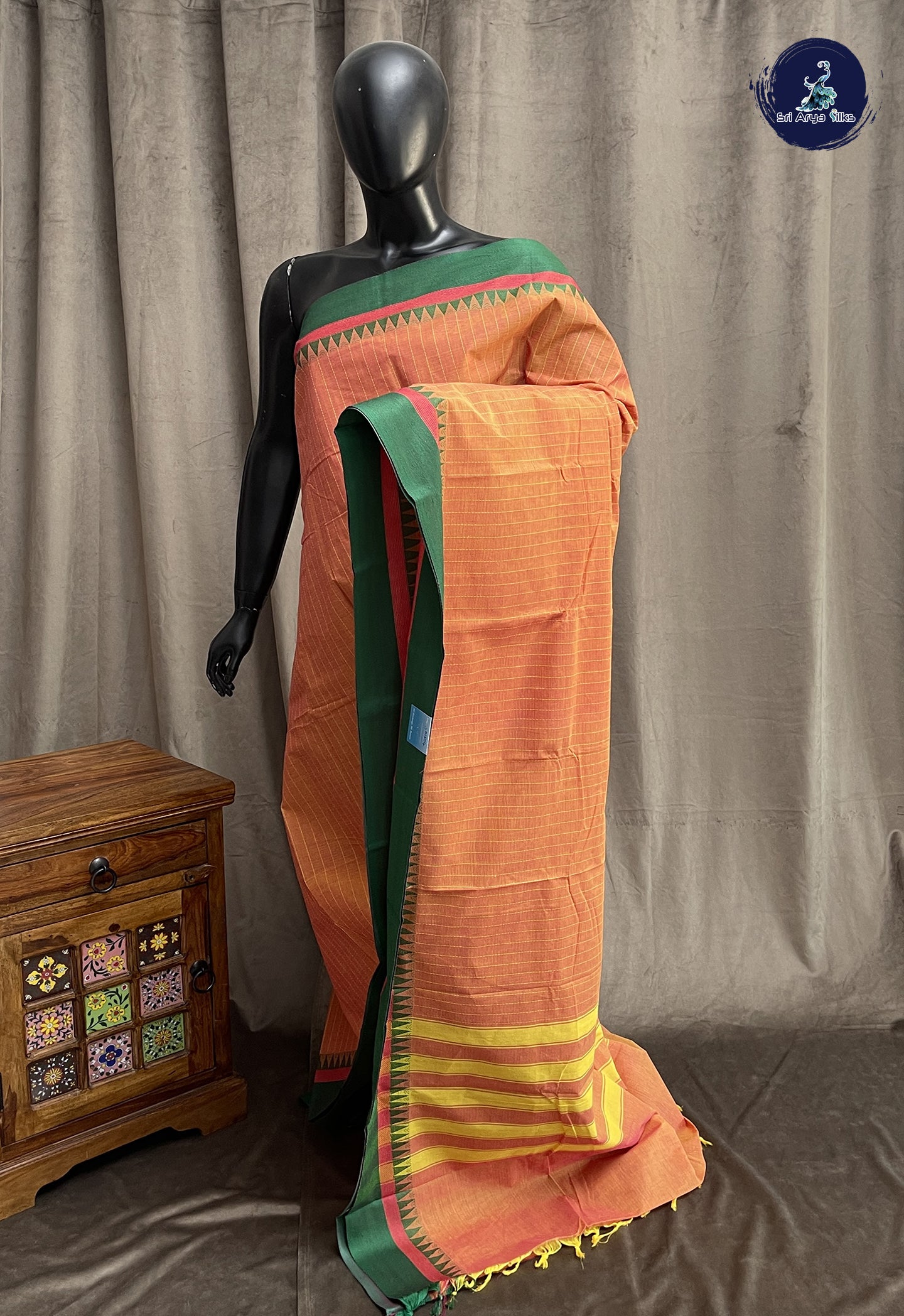 Lite Mustard Orange Kanchi Cotton Saree With Stripes Pattern