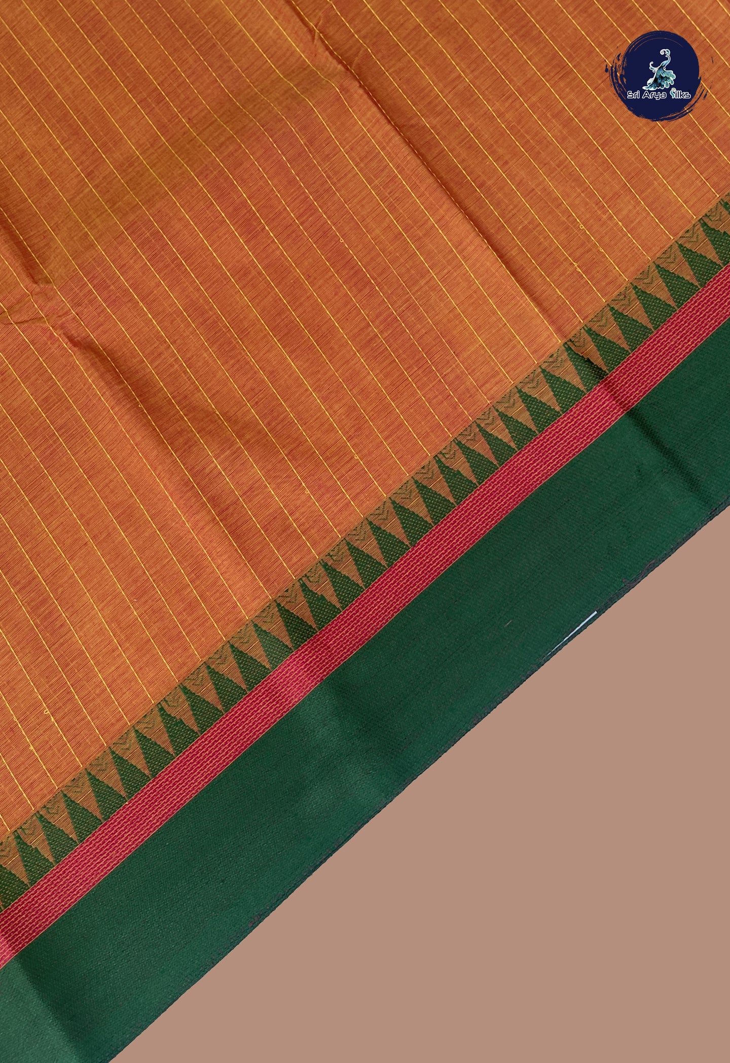 Lite Mustard Orange Kanchi Cotton Saree With Stripes Pattern