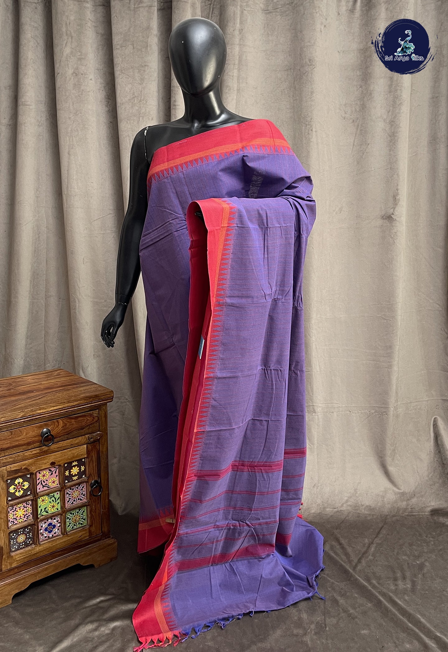 Dual Tone Violet Kanchi Cotton Saree With Stripes Pattern