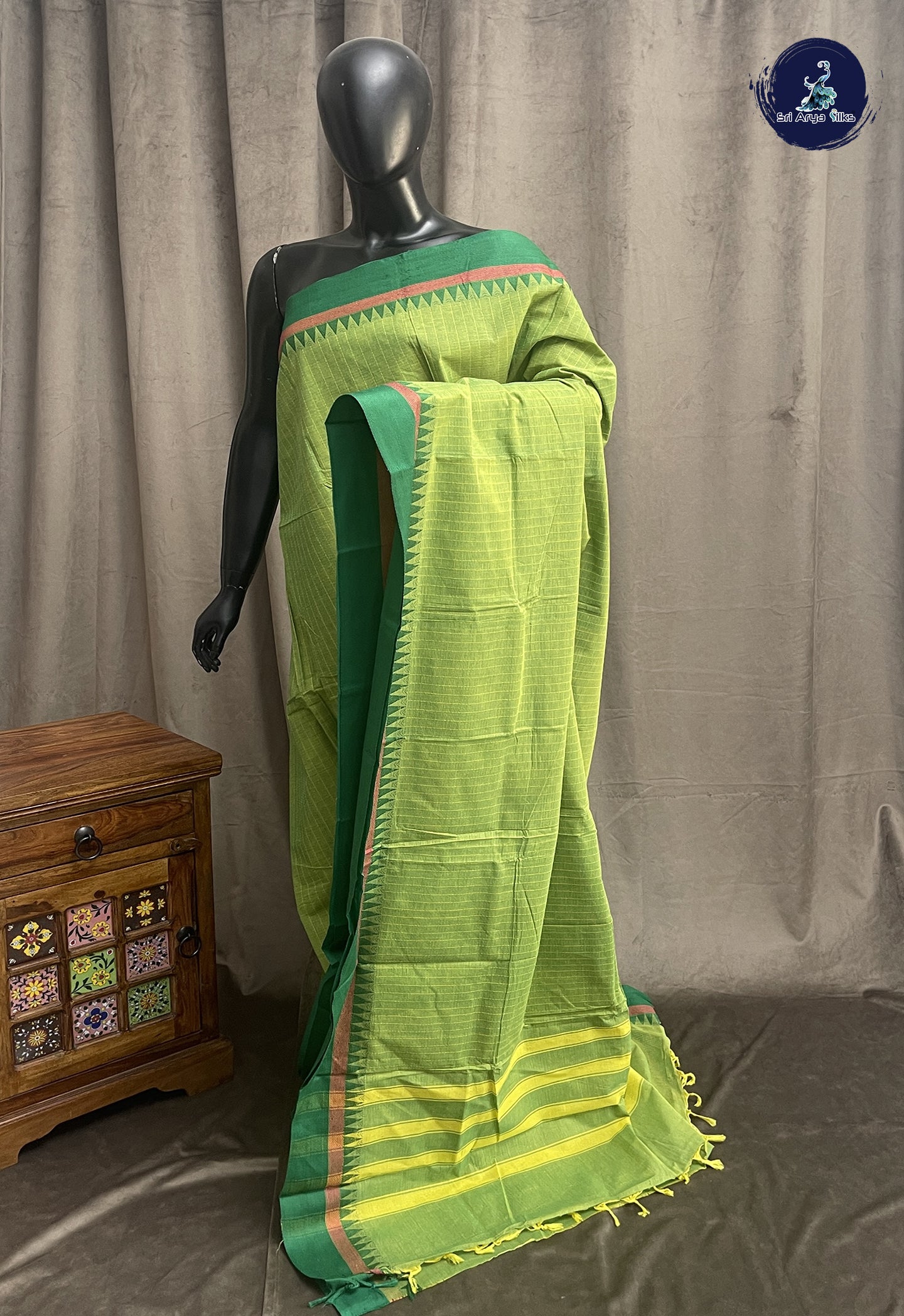Light Green Kanchi Cotton Saree With Stripes Pattern