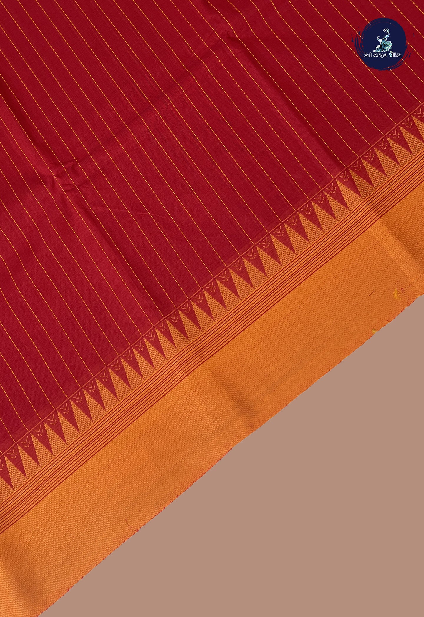 Red Kanchi Cotton Saree With Stripes Pattern