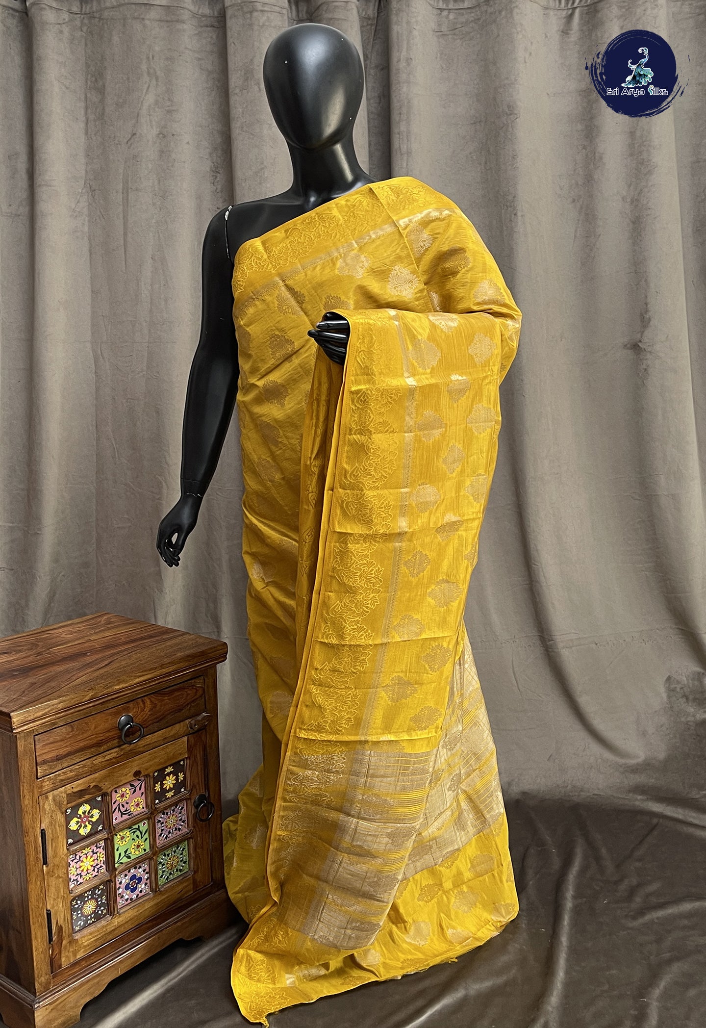 Mustard Yellow Semi Tussar Saree With Zari Buttas Pattern