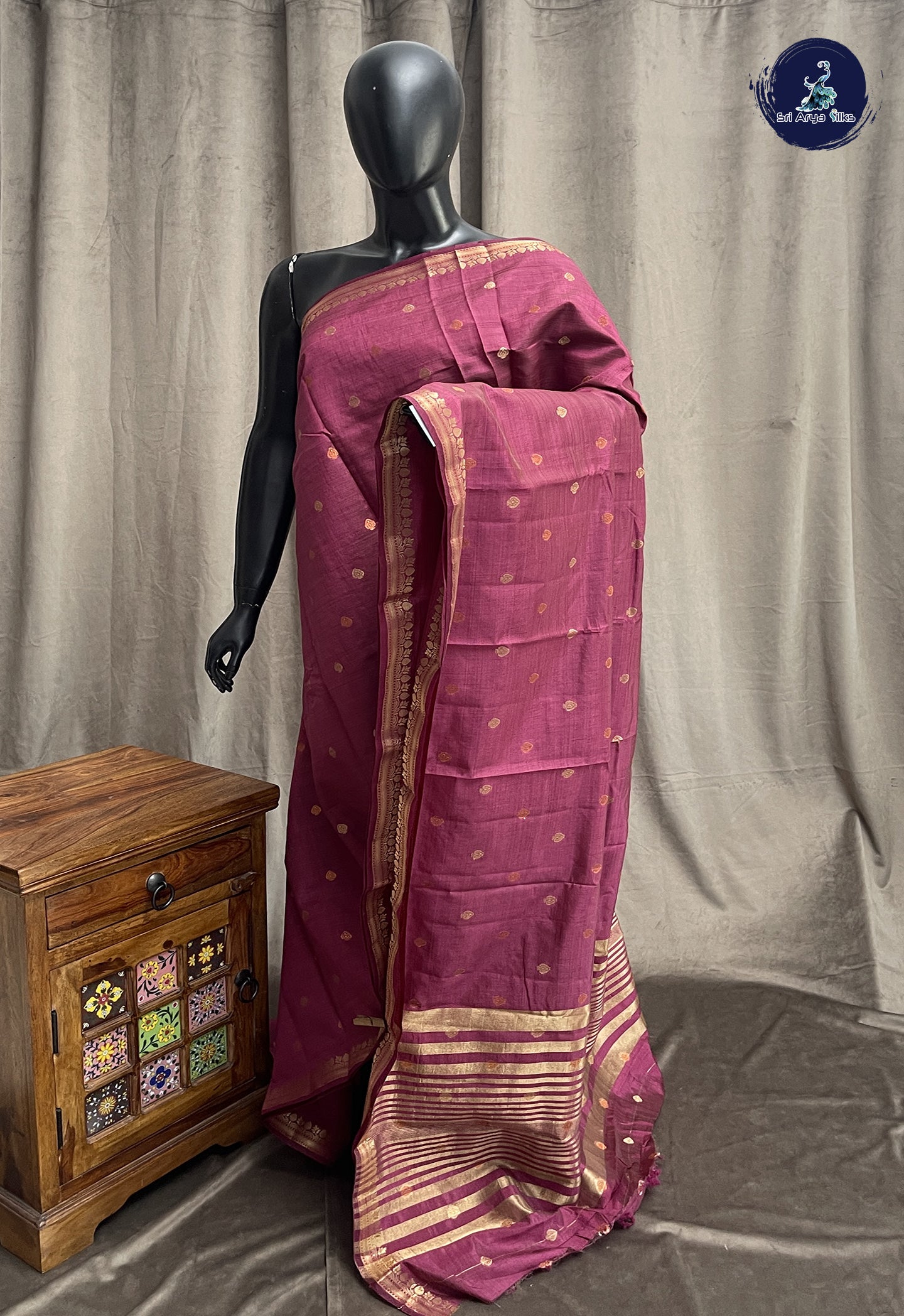 Burgundy Semi Tussar Saree With Zari Buttas Pattern