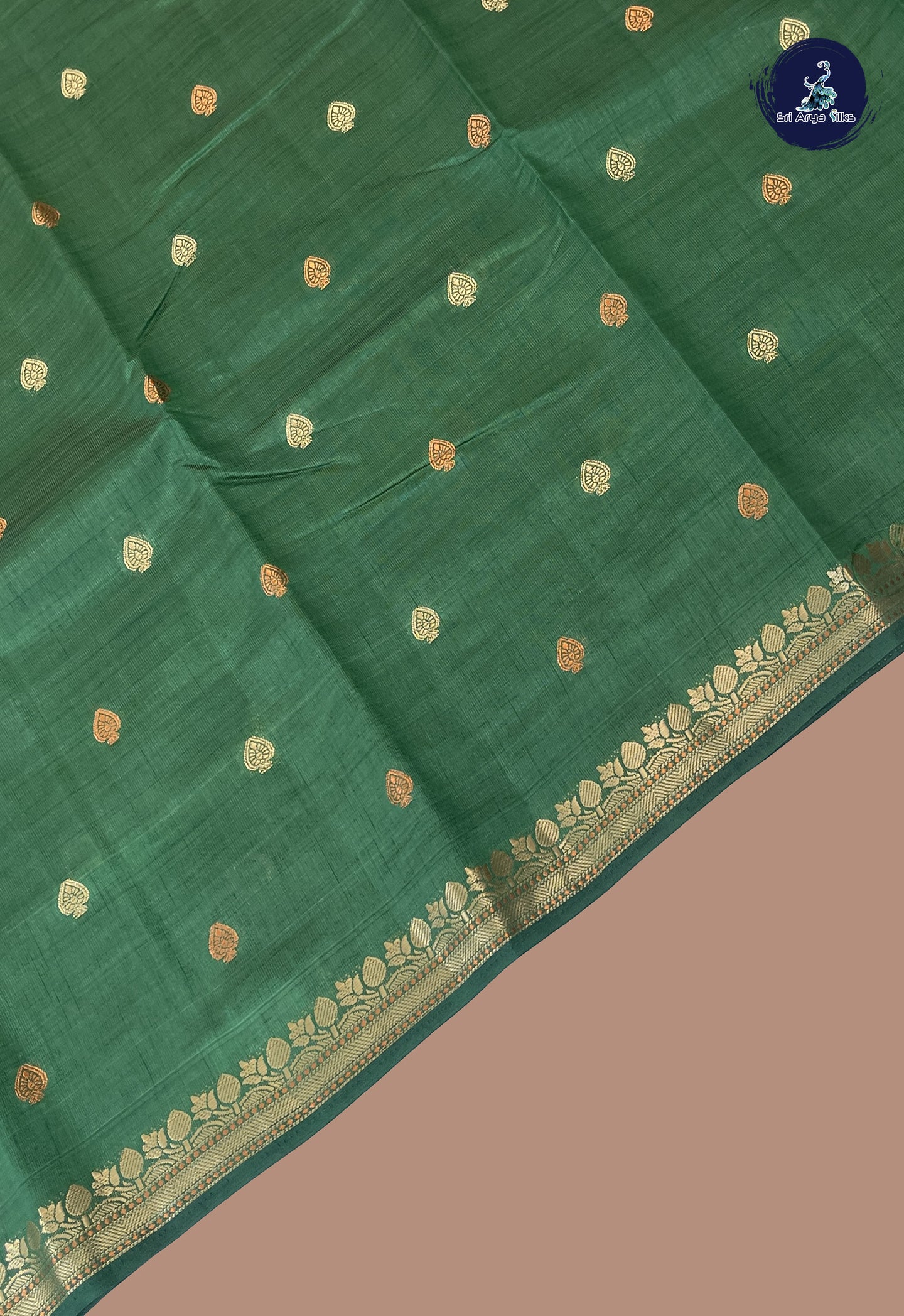 Dark Green Semi Tussar Saree With Zari Buttas Pattern