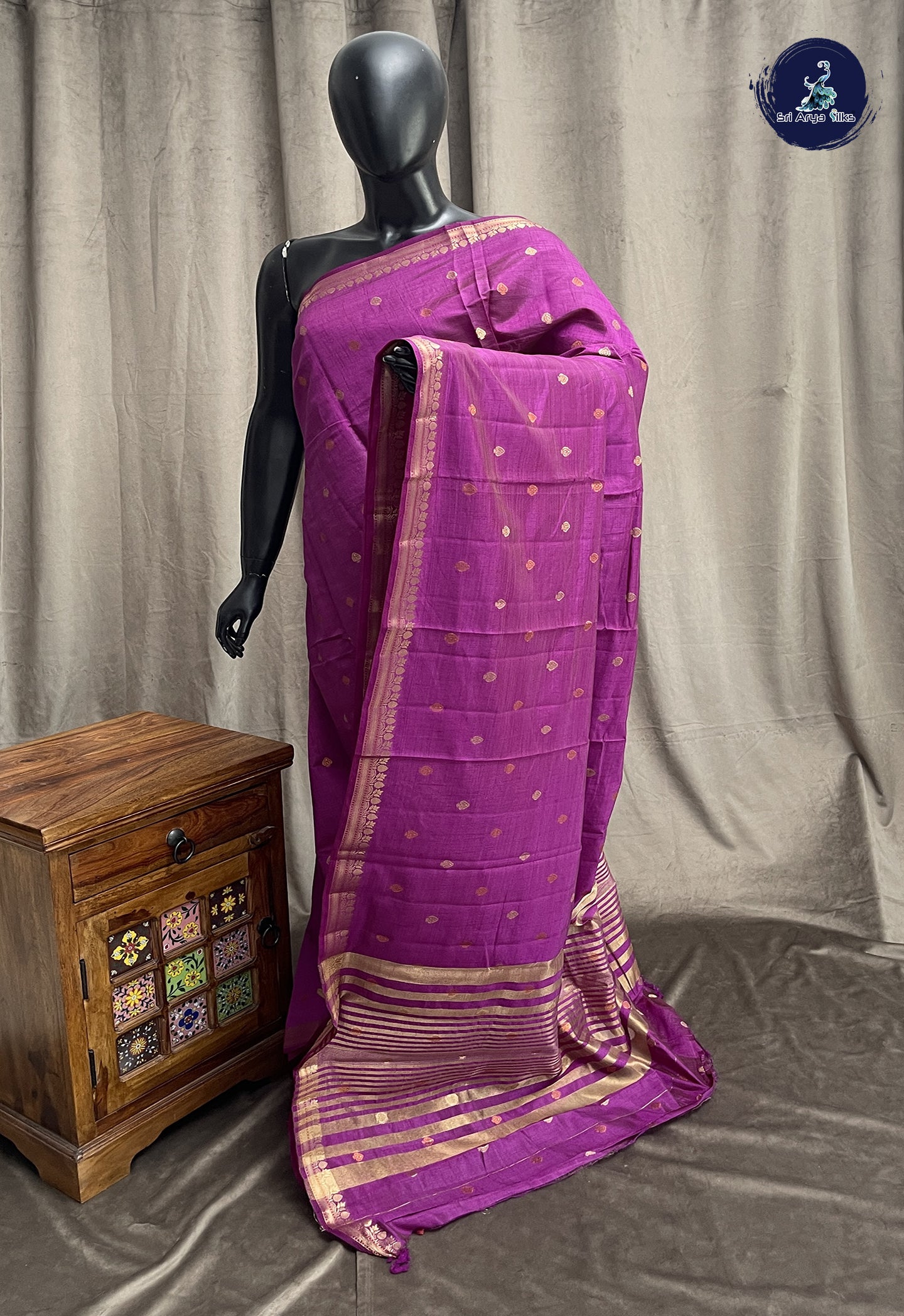 Magenta Purple Semi Tussar Saree With Zari Buttas Pattern