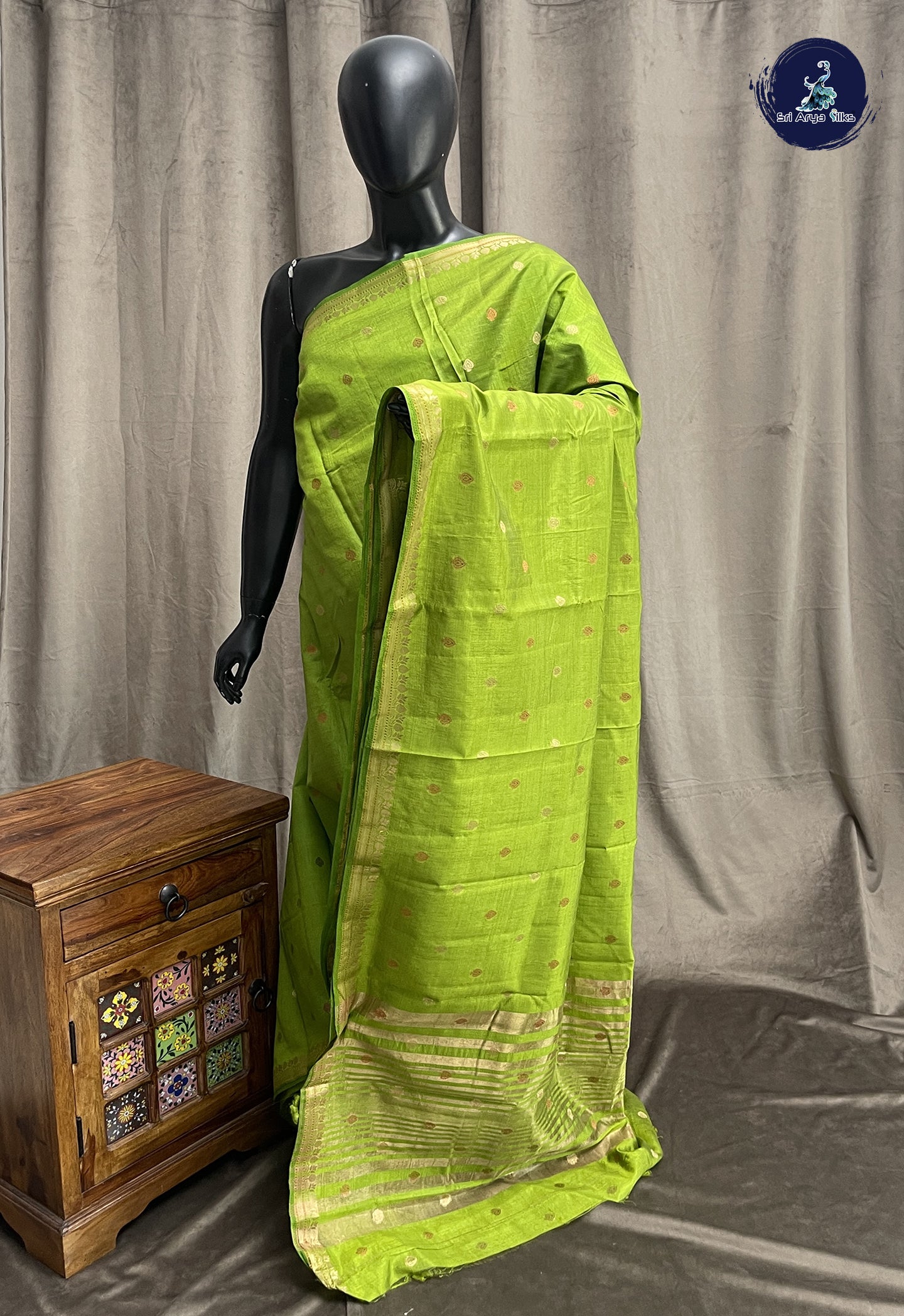 Light Green Semi Tussar Saree With Zari Buttas Pattern