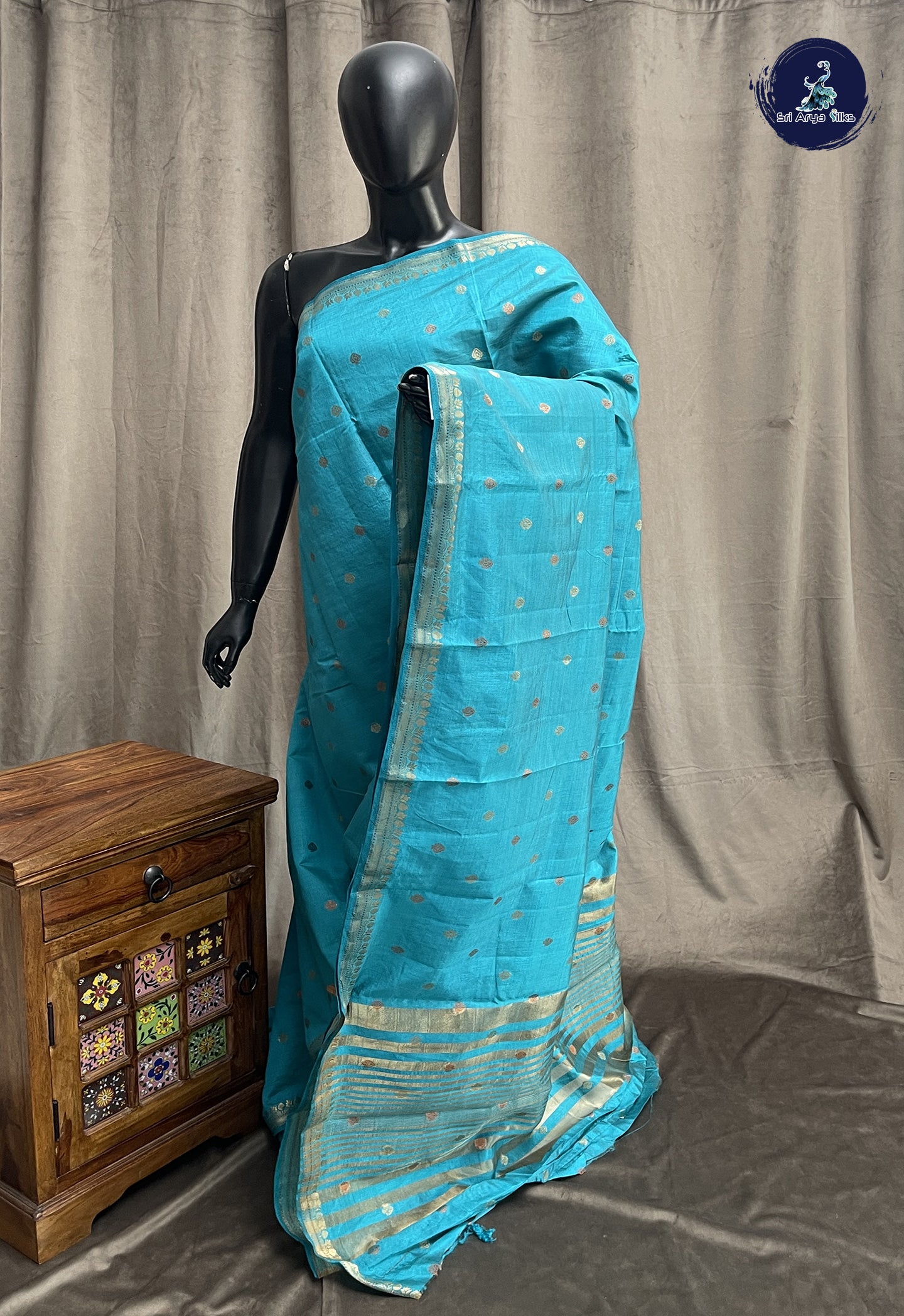 Teal Blue Semi Tussar Saree With Zari Buttas Pattern