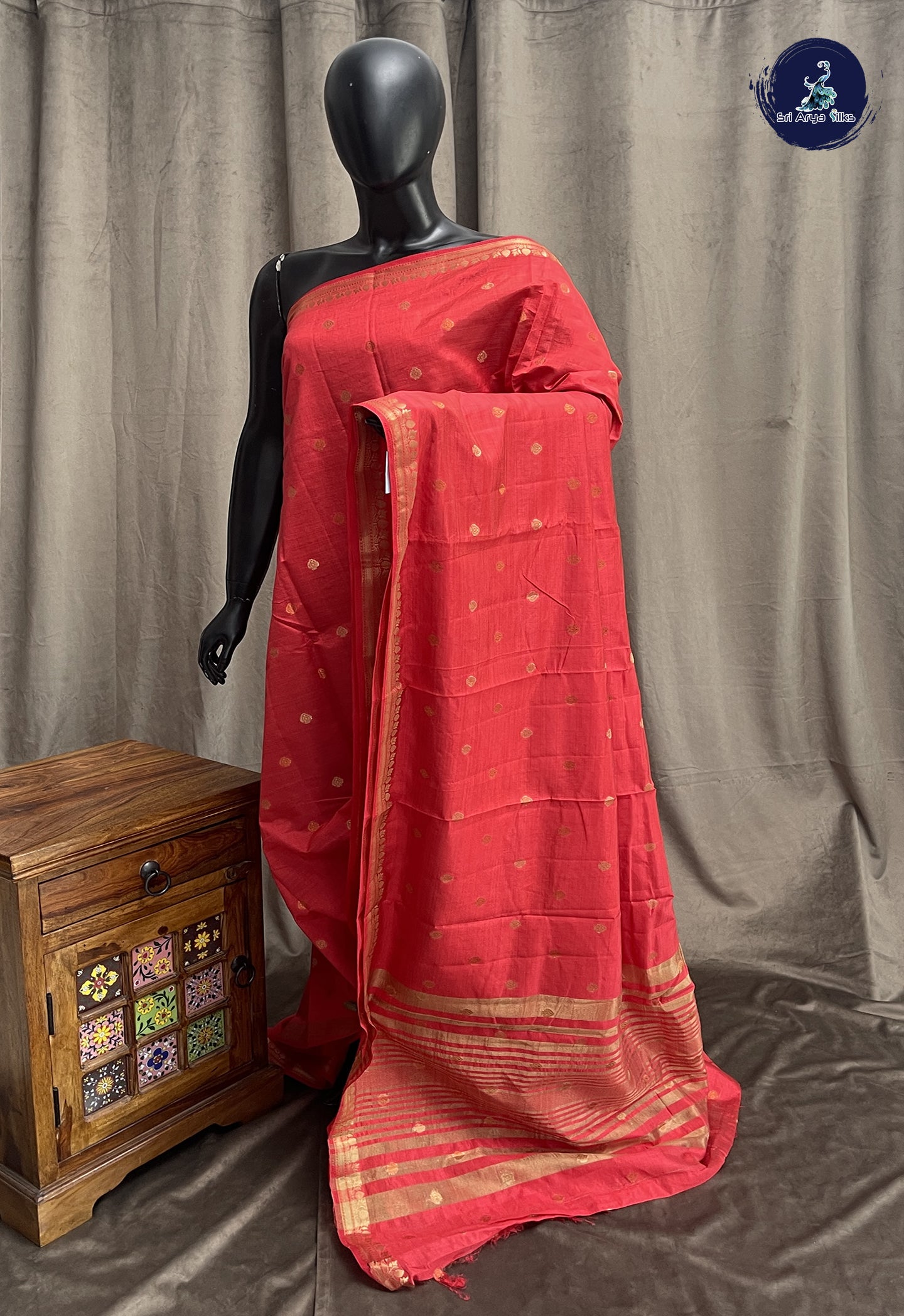 Red Semi Tussar Saree With Zari Buttas Pattern