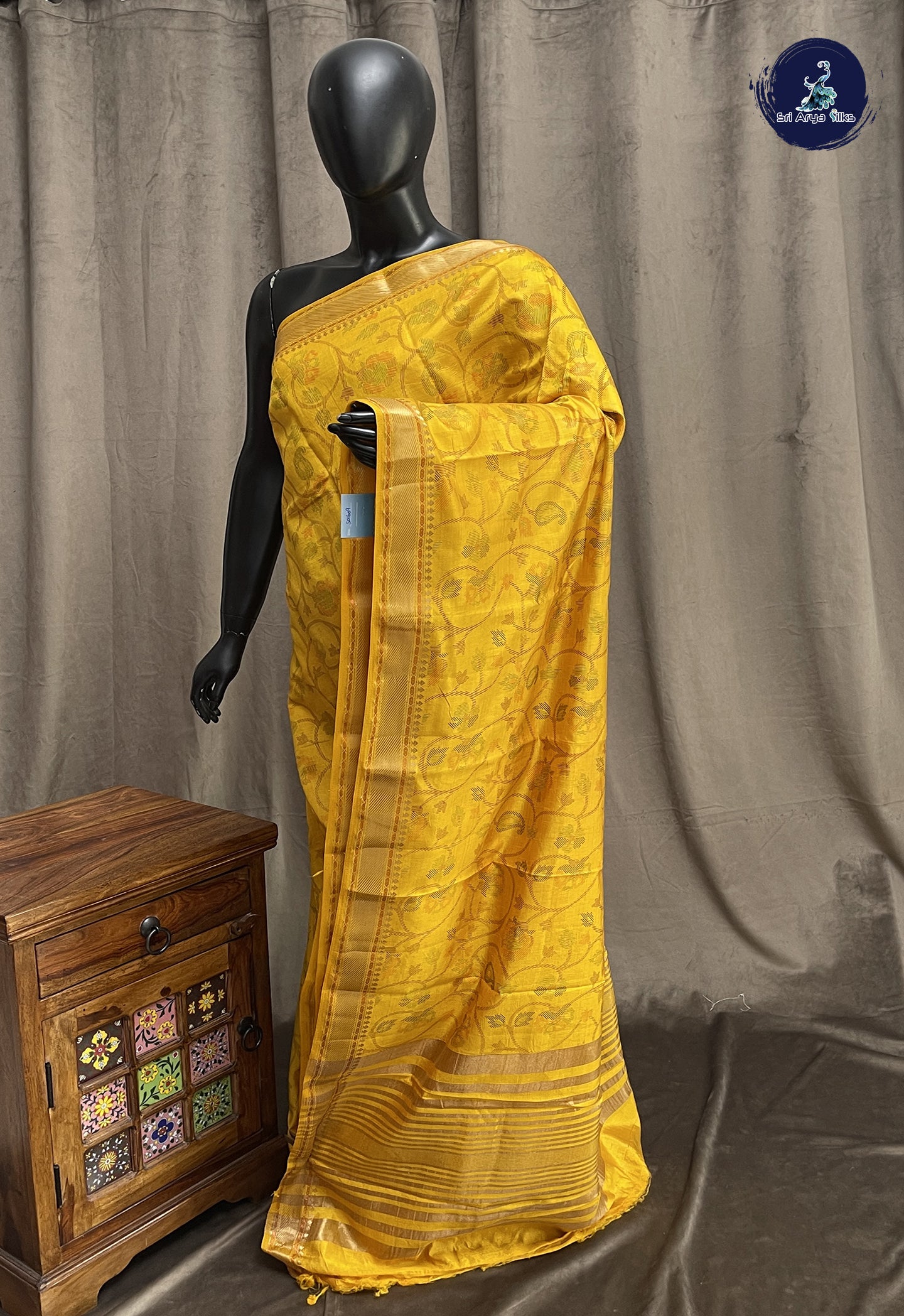 Yellow Semi Tussar Saree With Printed Pattern