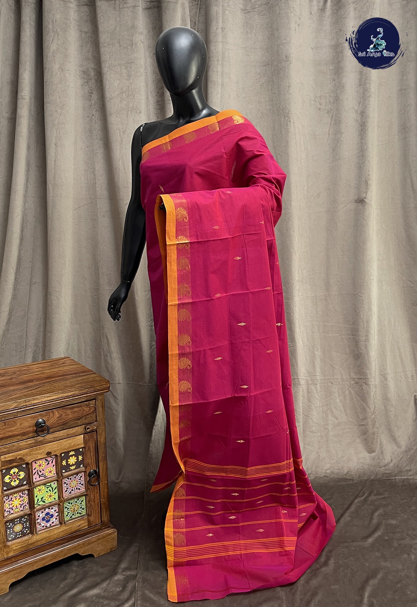 Dark Pink Chettinad Cotton Saree With Zari Buttas Pattern