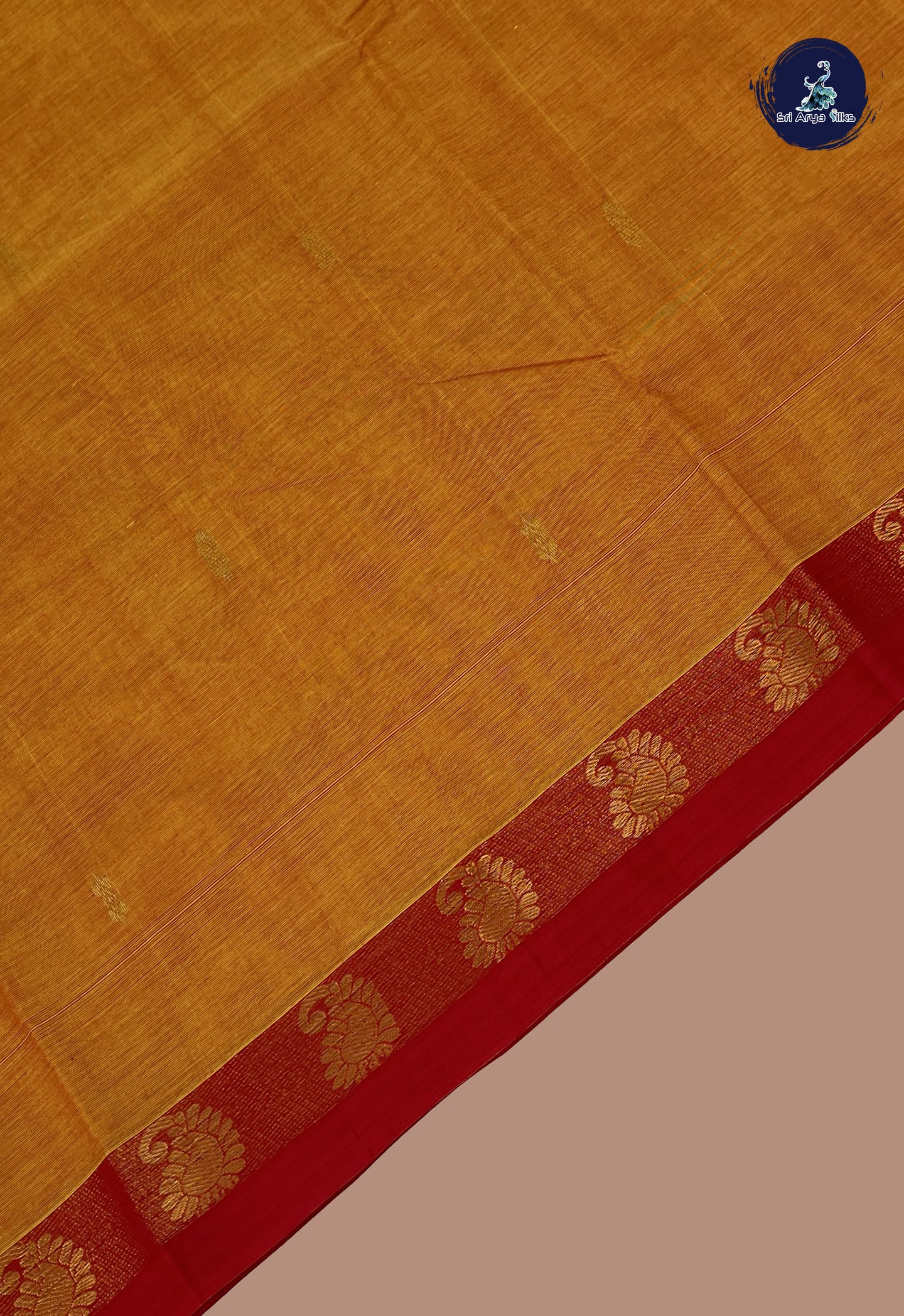 Lite Mustard Orange Chettinad Cotton Saree With Zari Buttas Pattern