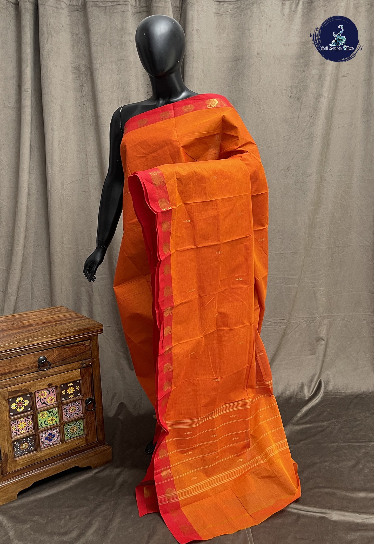 Orange Chettinad Cotton Saree With Zari Buttas Pattern