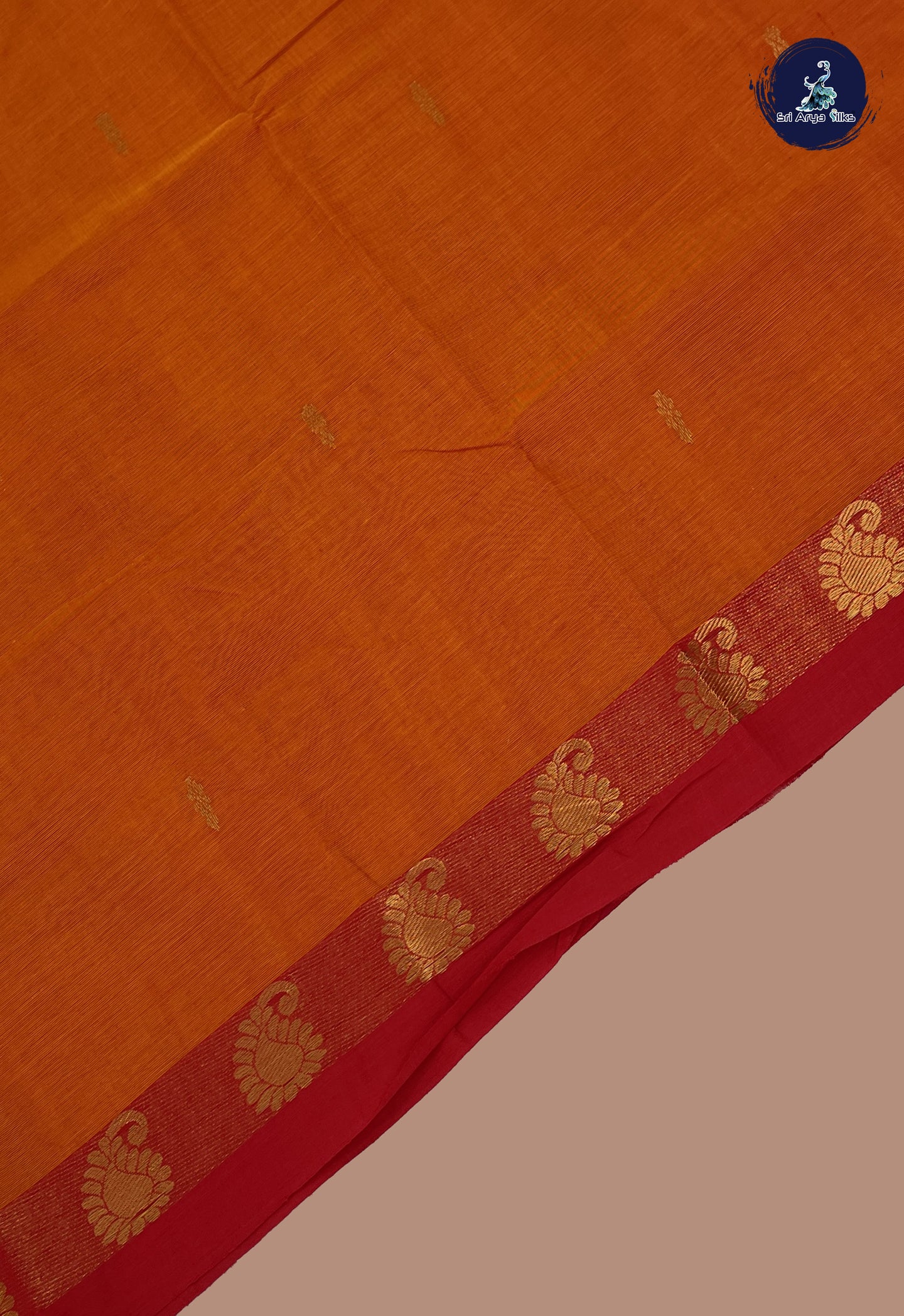 Orange Chettinad Cotton Saree With Zari Buttas Pattern