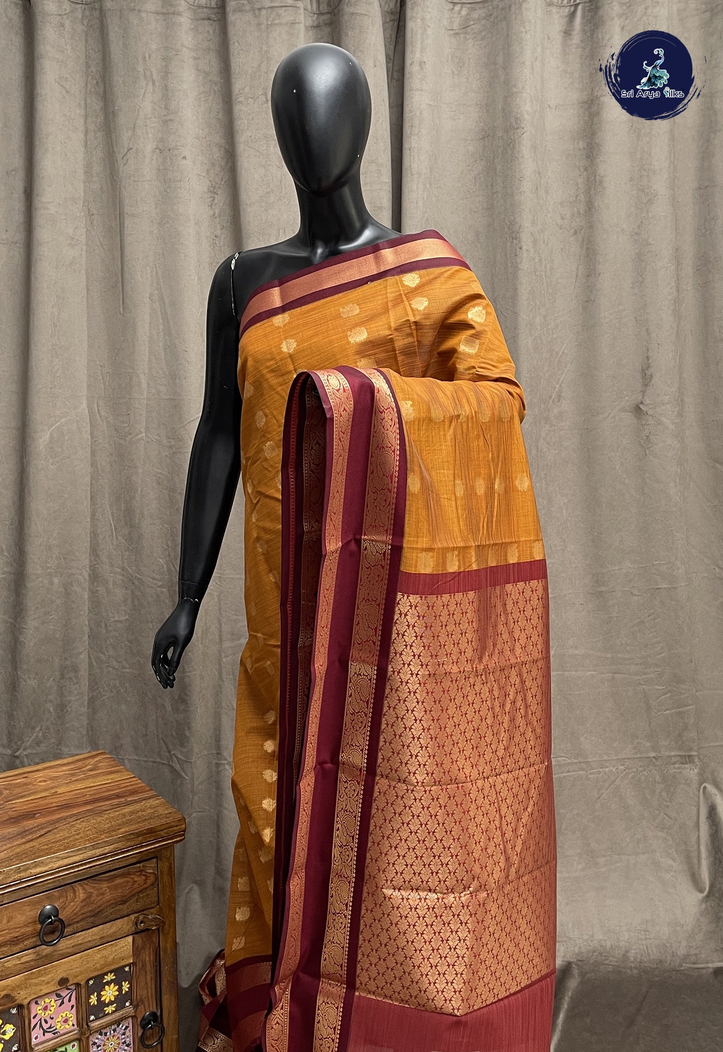 Mustard Yellow Budget Semi Silk Cotton Saree With Zari Buttas Pattern