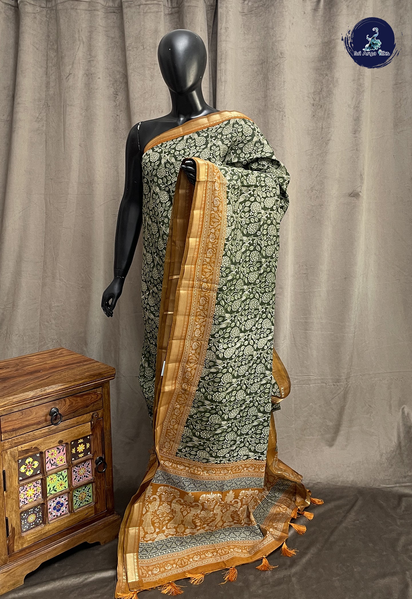 Green Semi Chanderi Saree With Printed Pattern