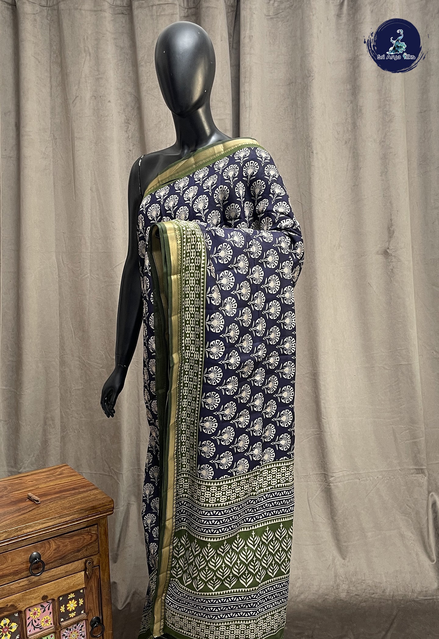 Navy Blue Semi Chanderi Saree With Printed Pattern
