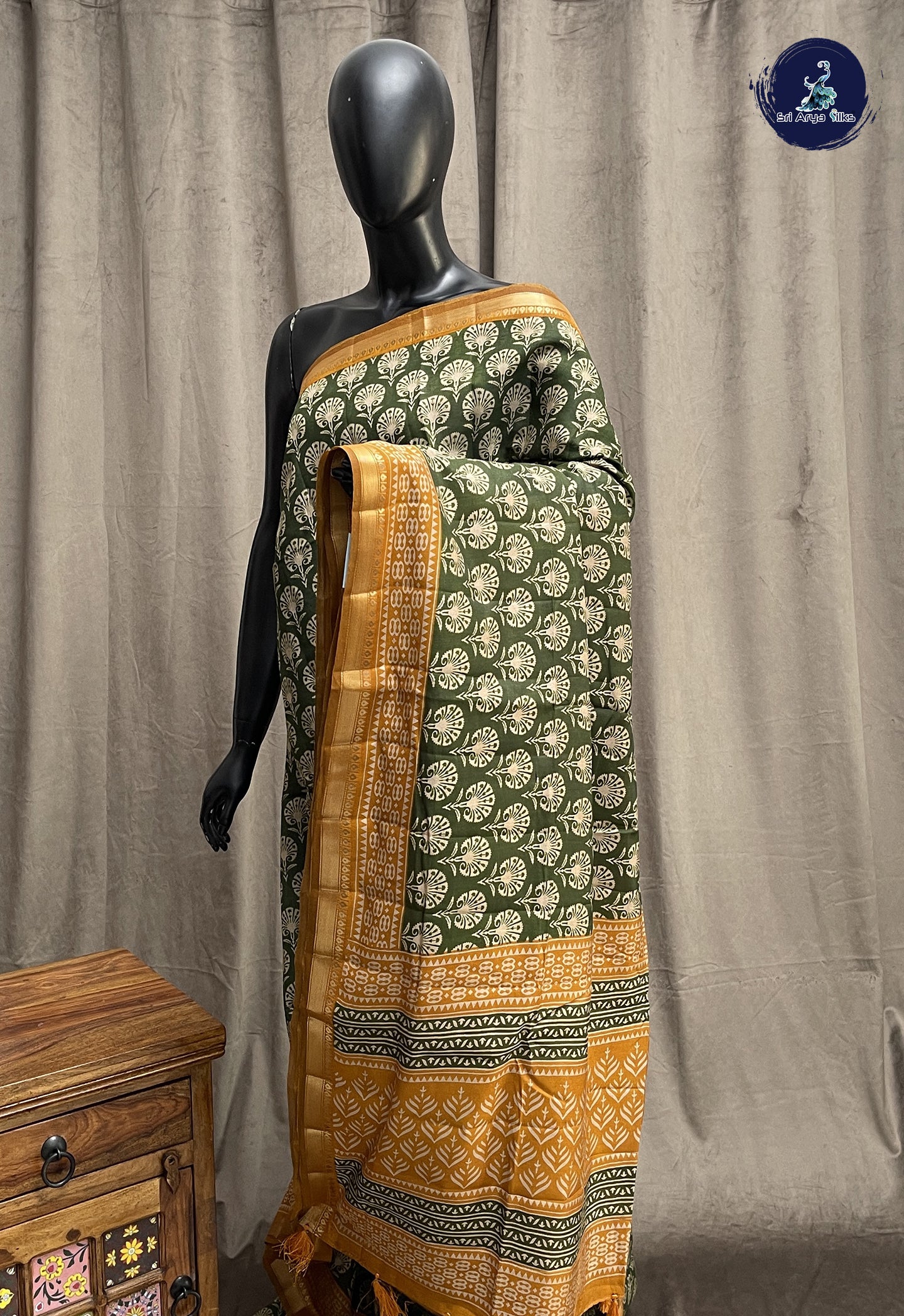 Green Semi Chanderi Saree With Printed Pattern