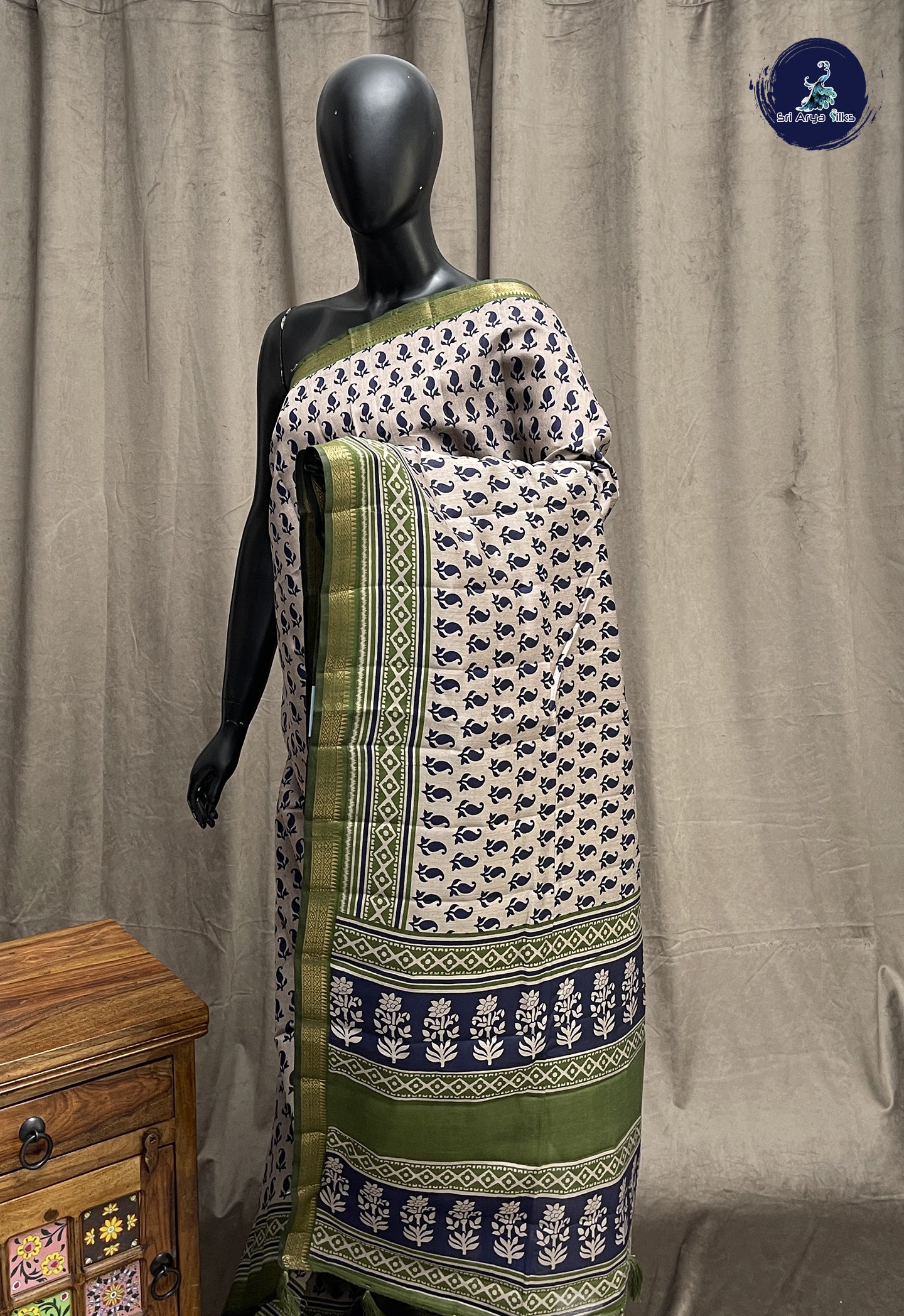 Navy Blue Semi Chanderi Saree With Printed Pattern