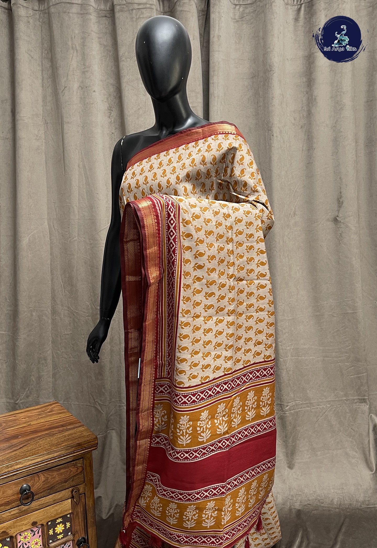 Mustard Yellow Semi Chanderi Saree With Printed Pattern