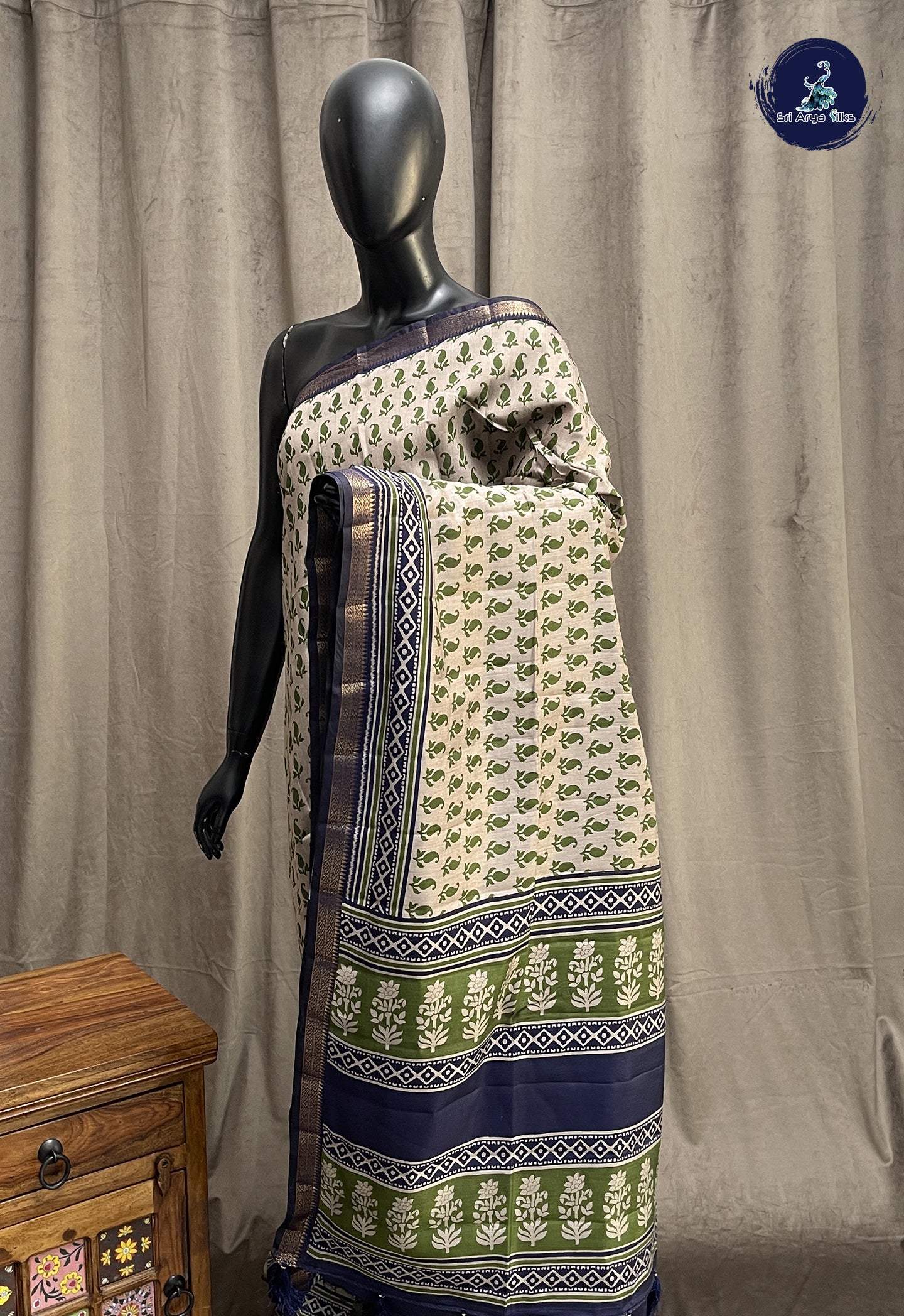 Green Semi Chanderi Saree With Printed Pattern