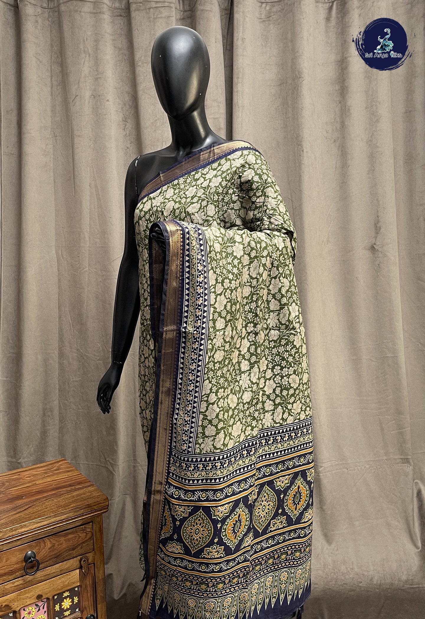 Green Semi Chanderi Saree With Printed Pattern