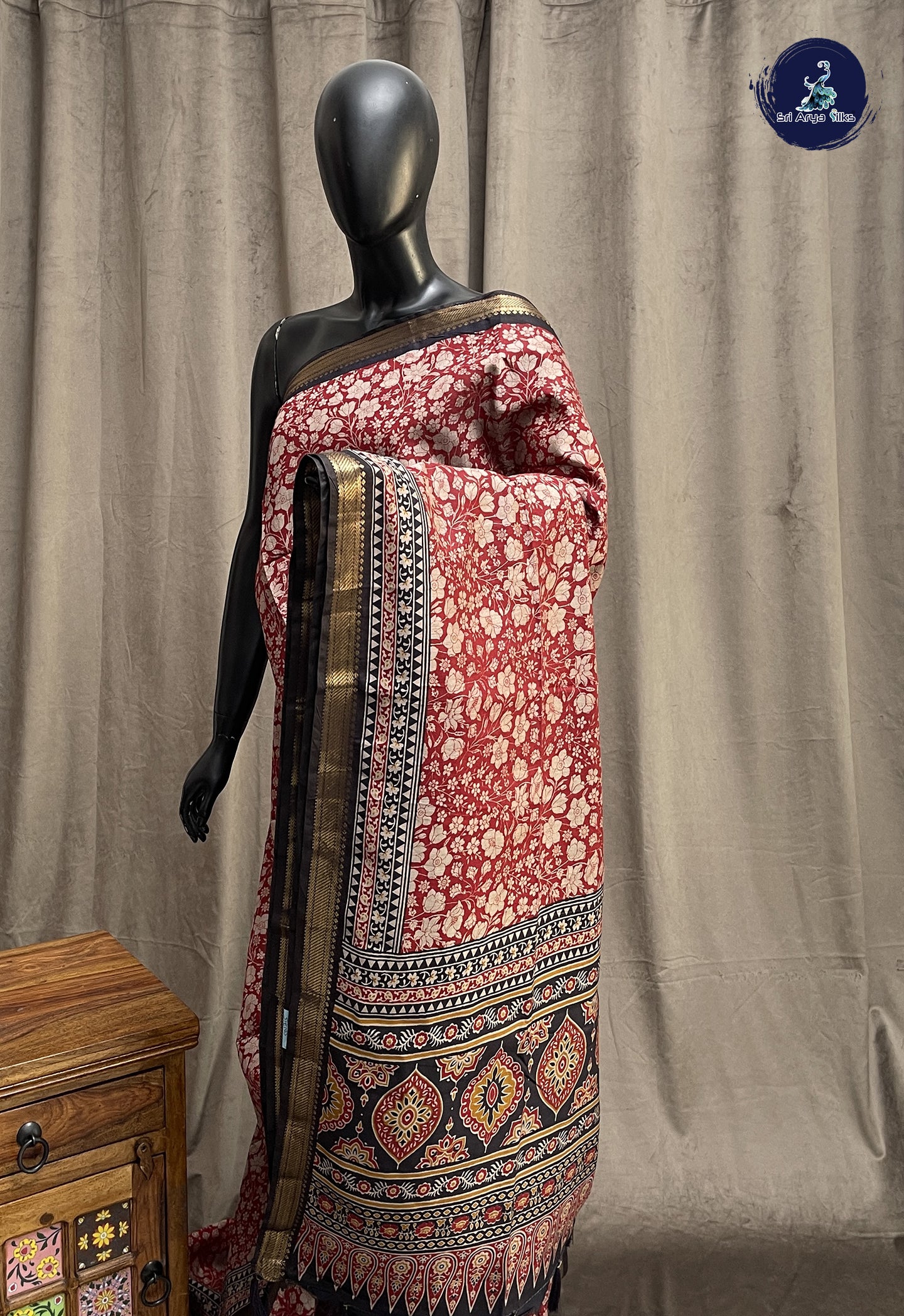 Maroon Semi Chanderi Saree With Printed Pattern