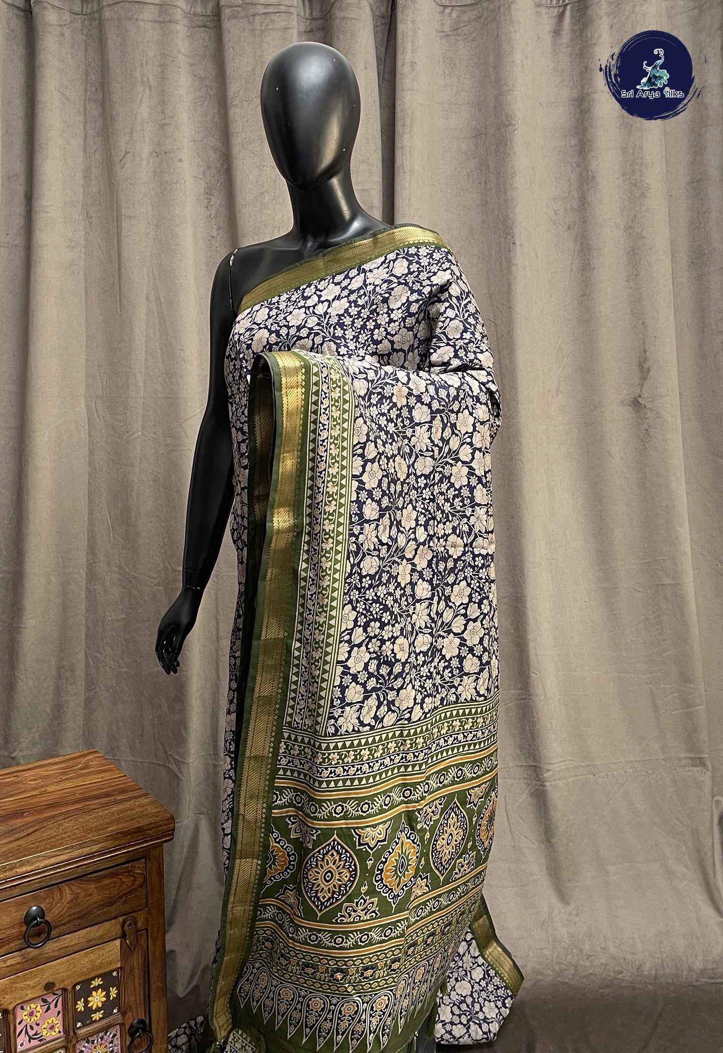 Navy Blue Semi Chanderi Saree With Printed Pattern