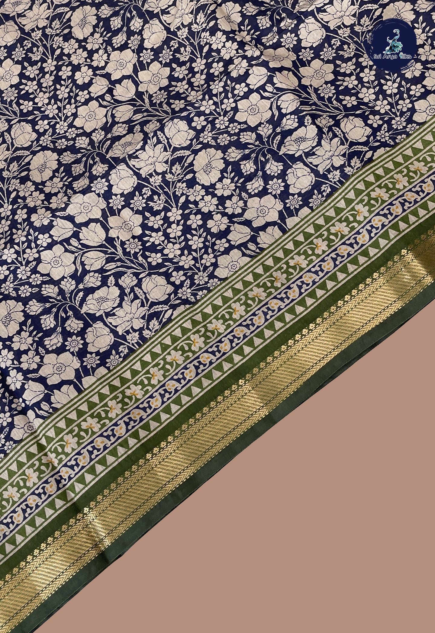 Navy Blue Semi Chanderi Saree With Printed Pattern