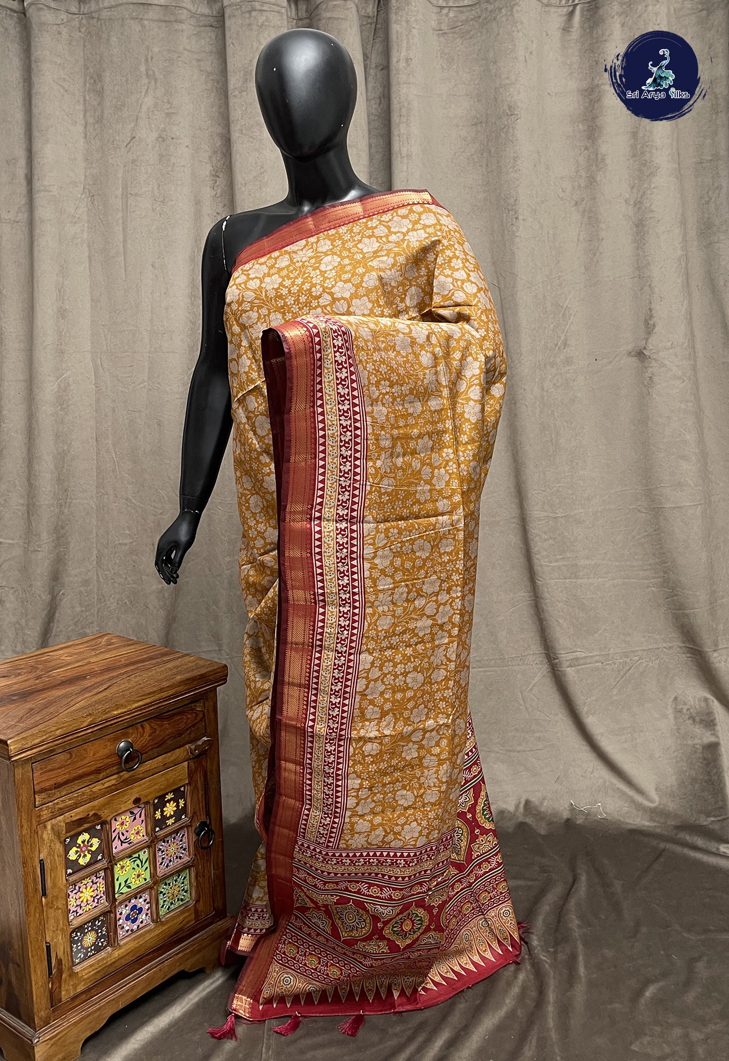 Mustard Yellow Semi Chanderi Saree With Printed Pattern
