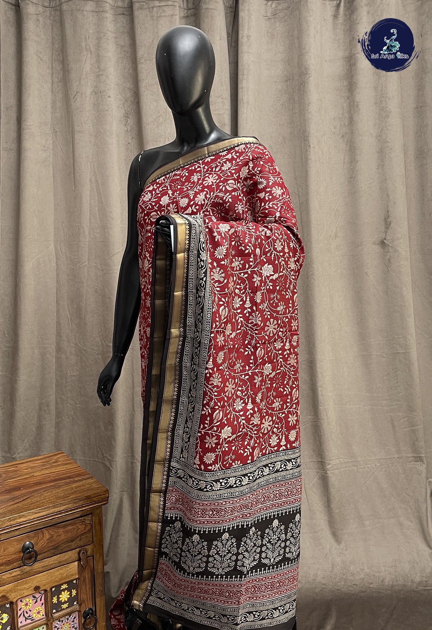 Maroon Semi Chanderi Saree With Printed Pattern