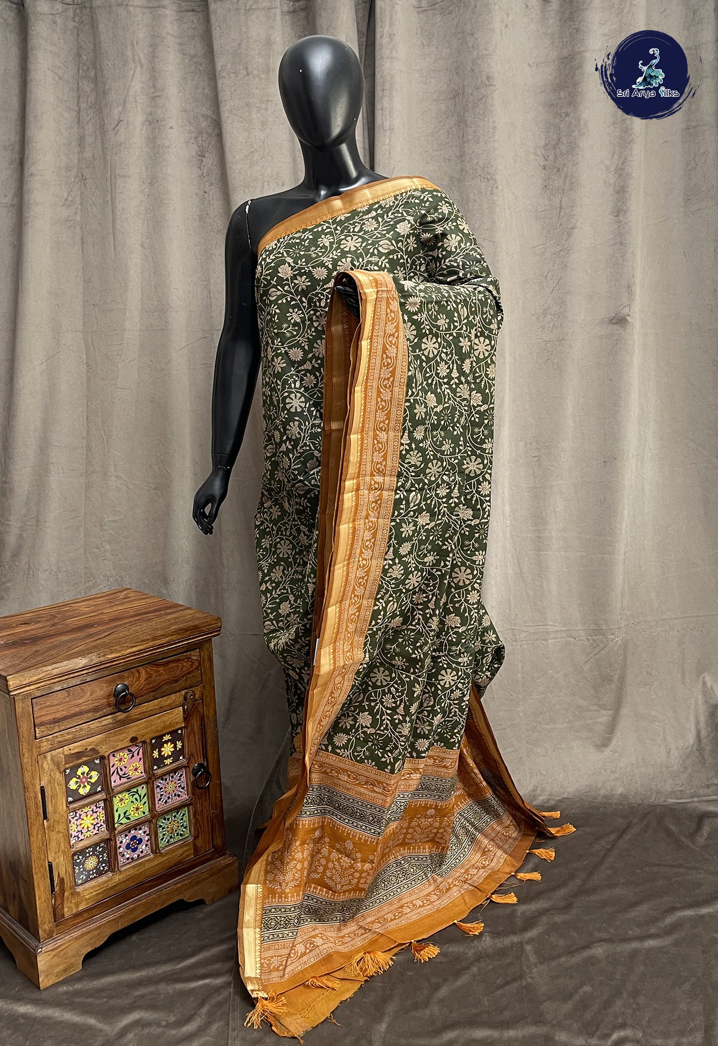 Green Semi Chanderi Saree With Printed Pattern