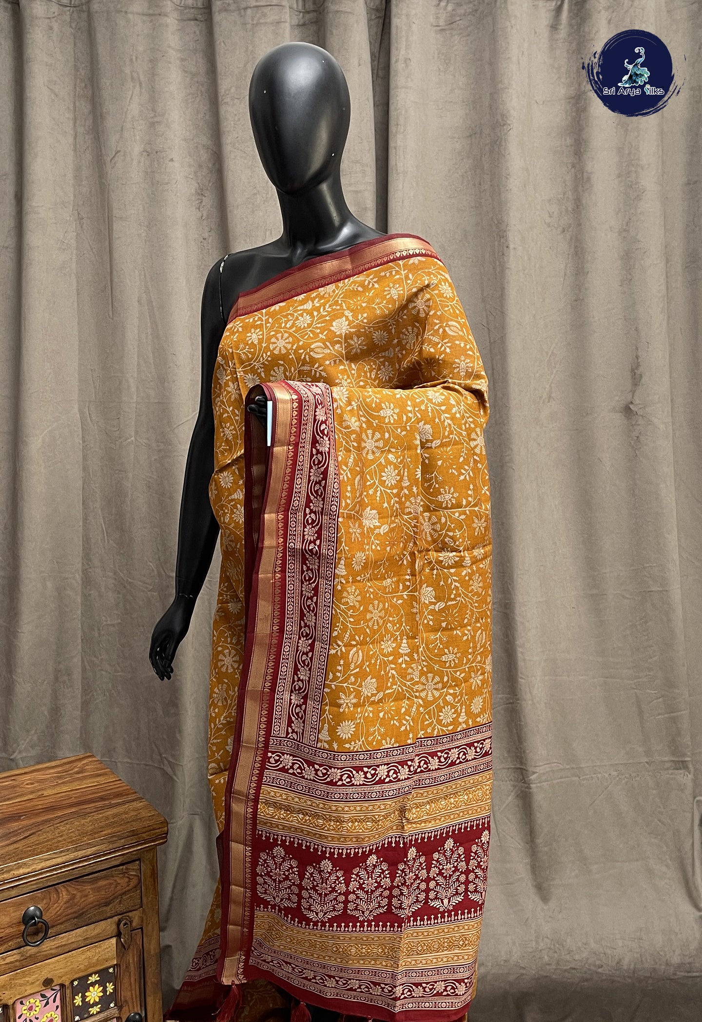 Mustard Yellow Semi Chanderi Saree With Printed Pattern