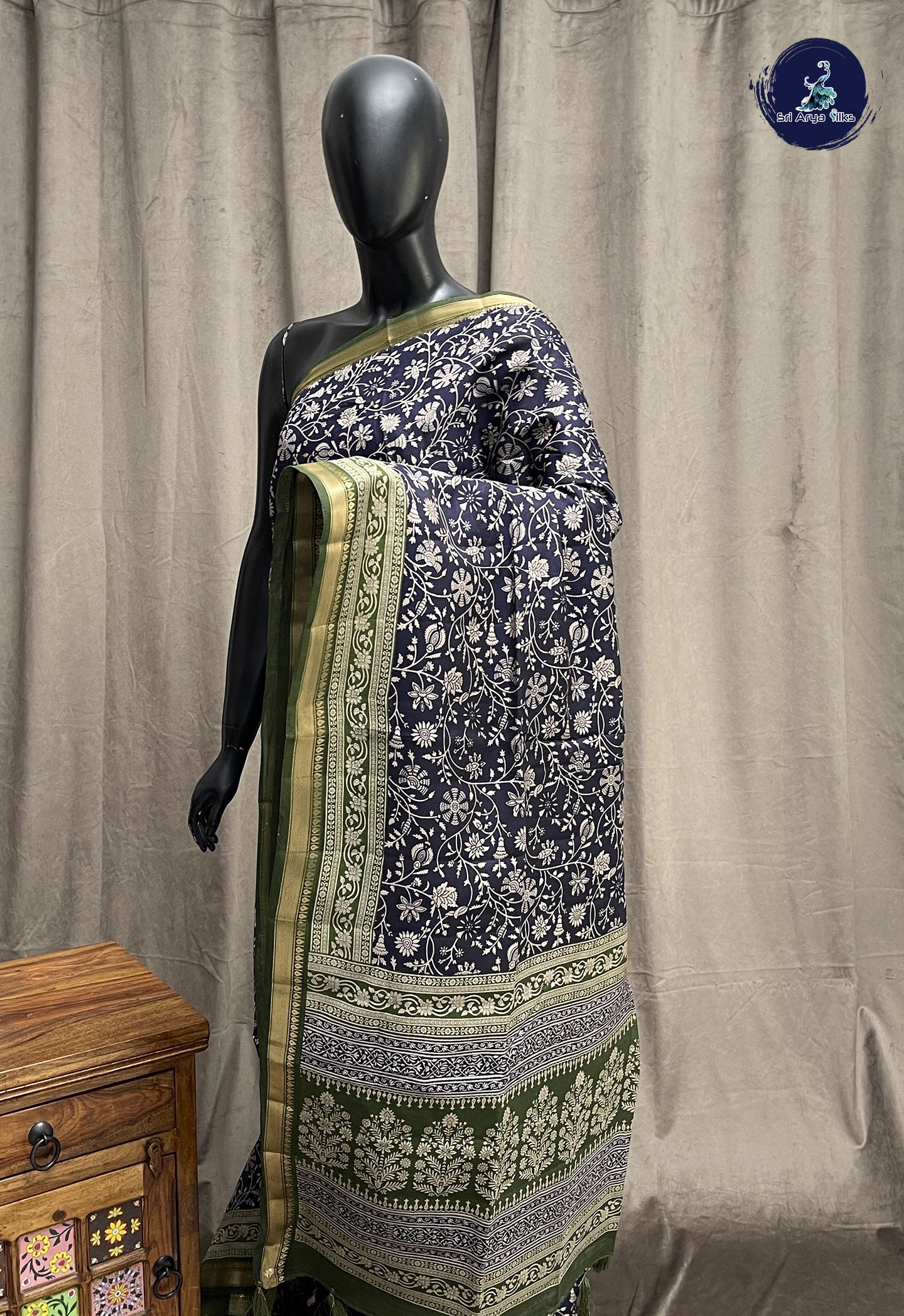 Navy Blue Semi Chanderi Saree With Printed Pattern