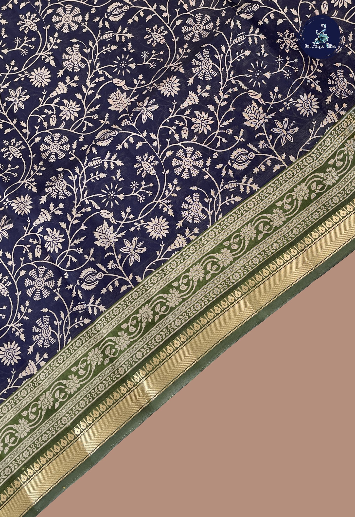 Navy Blue Semi Chanderi Saree With Printed Pattern